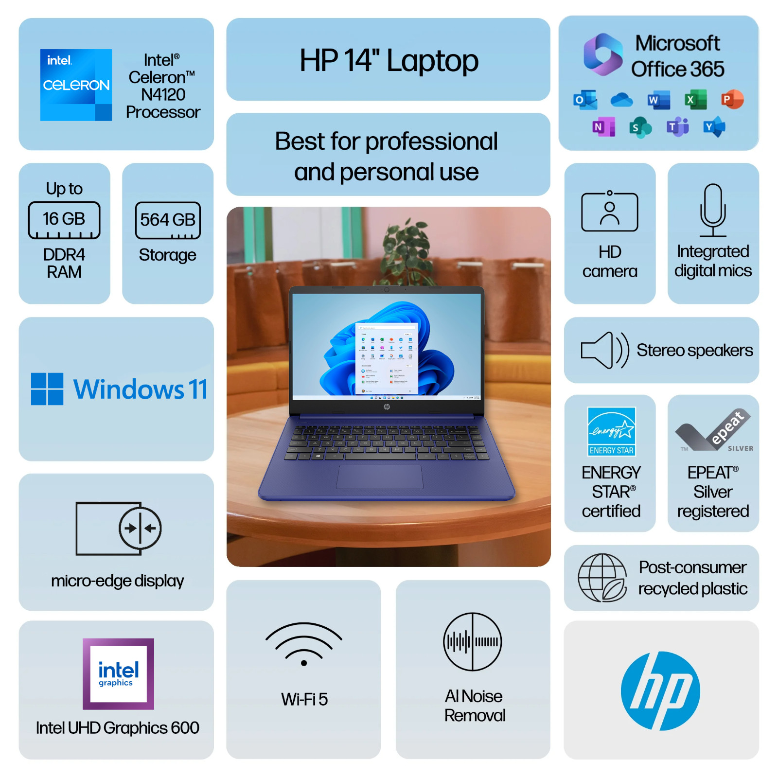 HP Laptop Computer 14″ 4-Core Intel Processor Upto 16GB RAM 564GB Storage Win 11