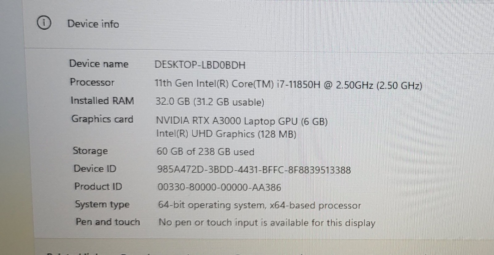 DELL PRECISION 7760 i7-11850H 32GB RAM 256gb SSD RTX 3000 11 Pro