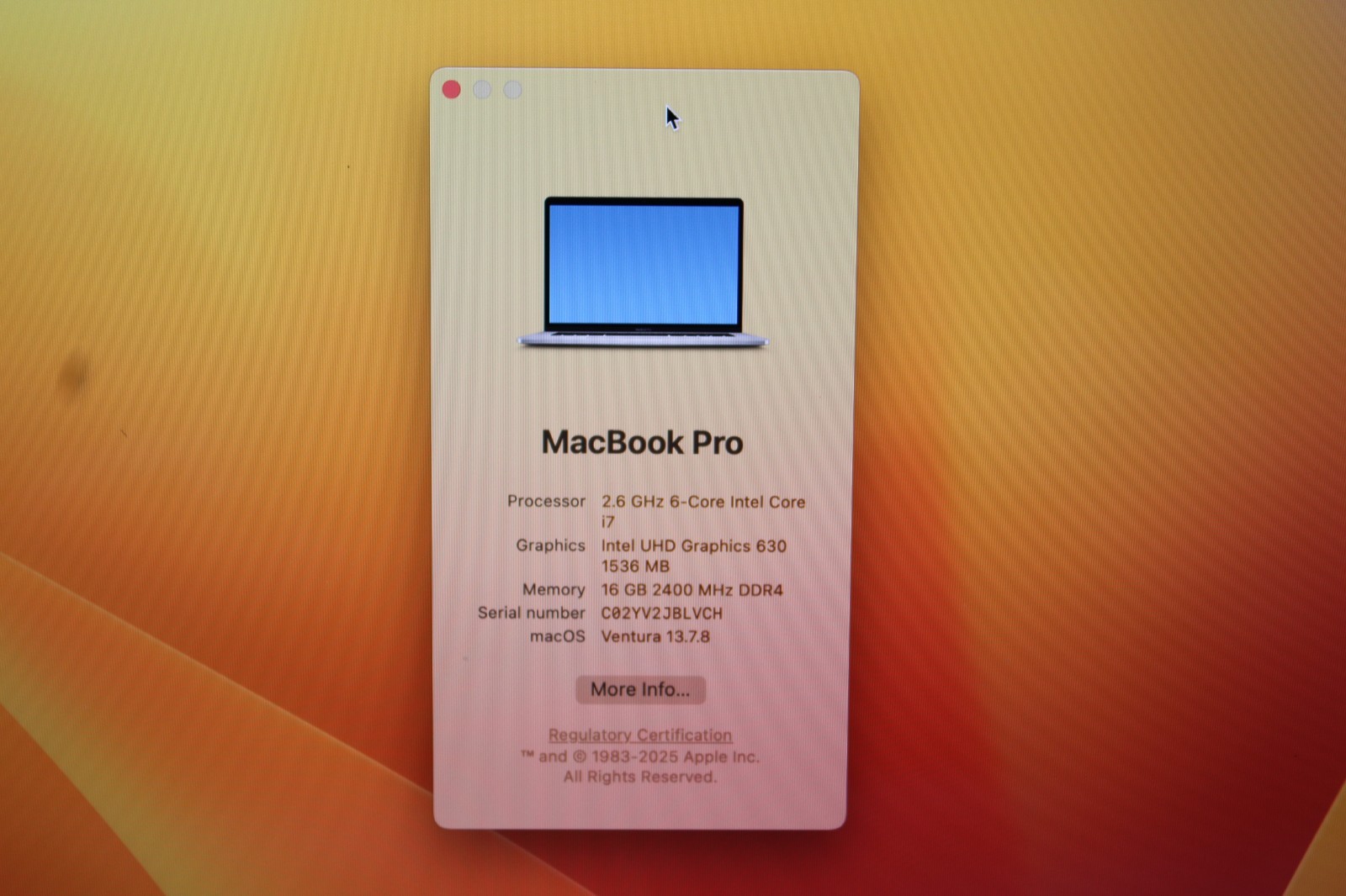 15.6″ 2019 Apple MacBook Pro A1990, i7-9750H@2.6GHz, 256GB/16GB, macOS, Keyboard