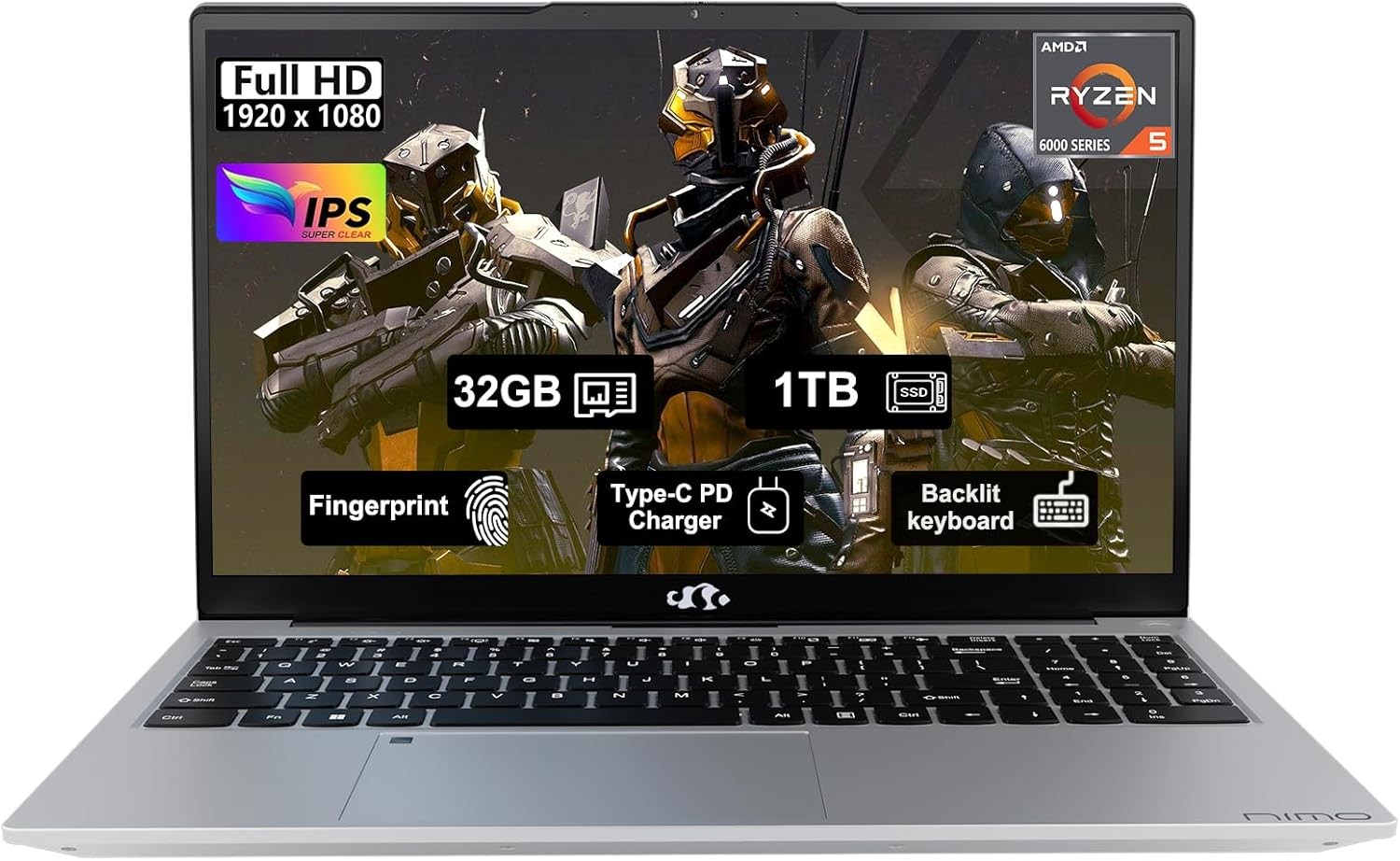 NIMO 15.6″ IPS FHD Gaming Laptop 6 Cores AMD Ryzen 5 6600H 32GB DDR5 RAM 1TB SSD