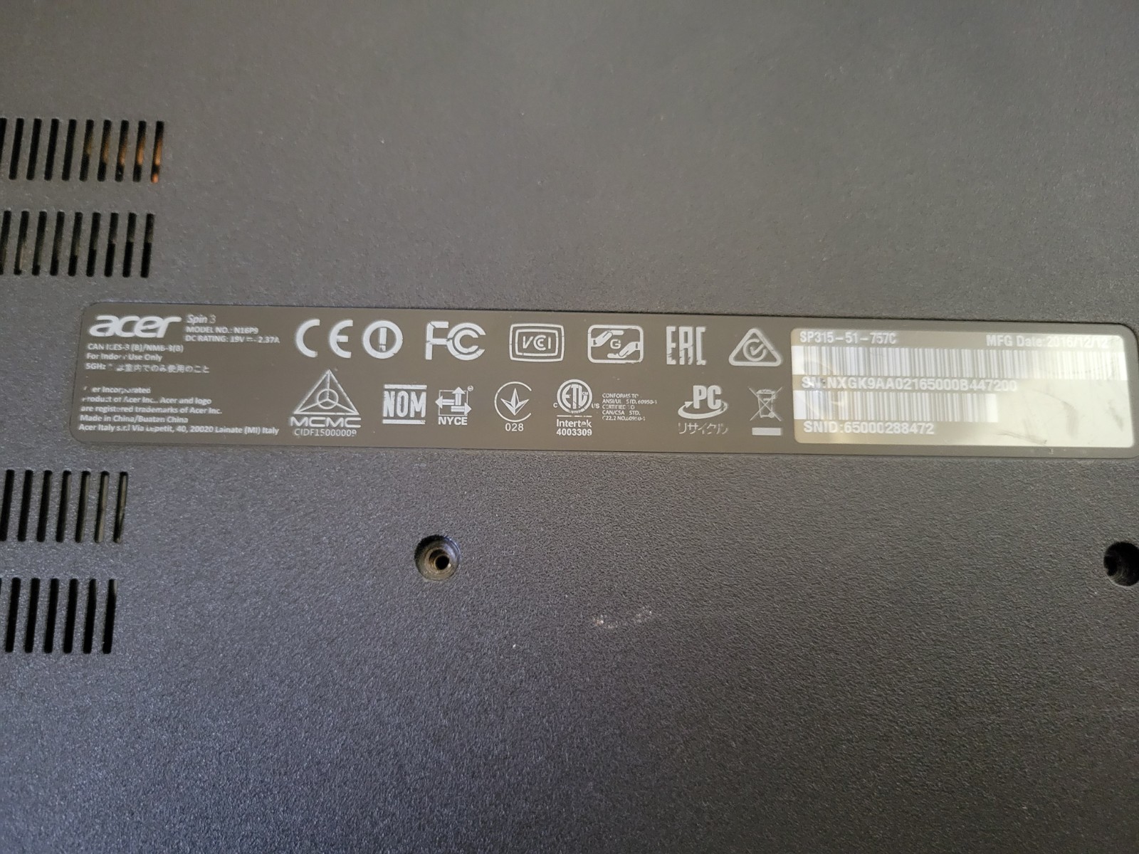 i7 Acer Spin 3 N16P9 Laptop Computer For Parts, Touchscreen No Ram Ssd