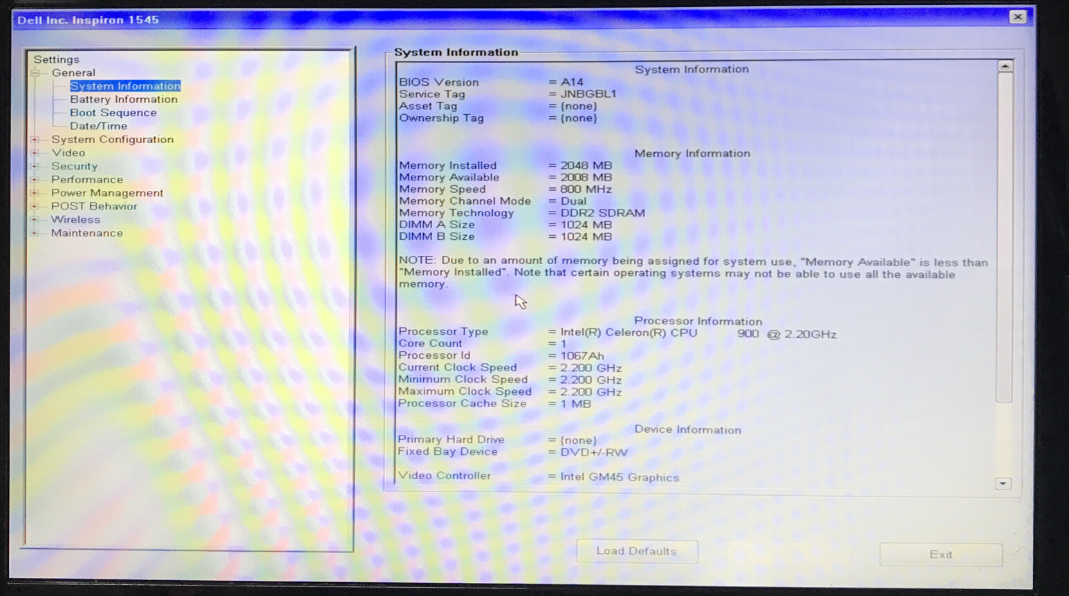 Dell Inspiron 1545 Laptop 15″ Intel Celeron 900 2.20GHz 2 GB Boot to BIOS No HDD