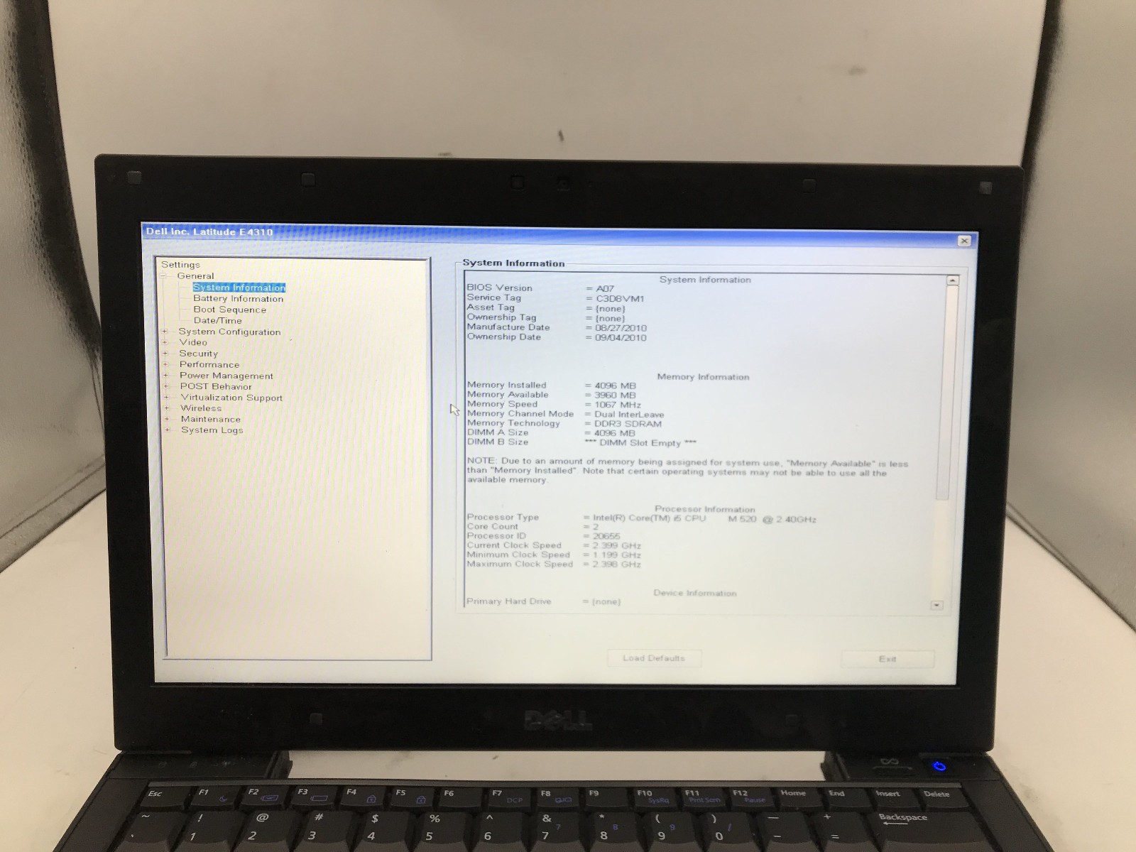 DELL LATITUDE E4310 – BOOTS TO BIOS – INTEL I5 M520 – NO RAM – NO OS – READ – BB
