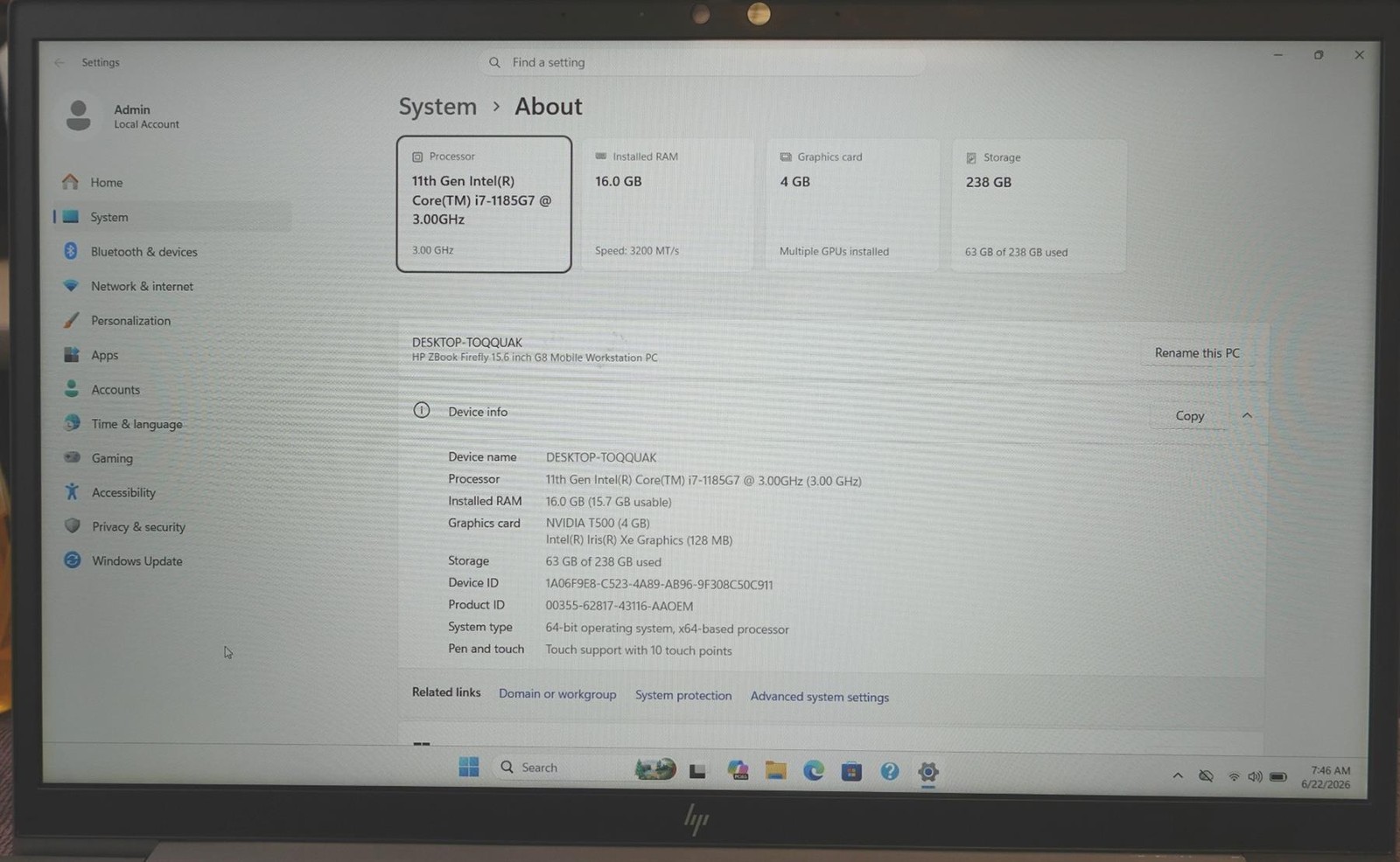 HP ZBOOK Firefly G8 Mobile WS 15.6″ Core i7-1185G7 3.00GHz 16GB 256GB SSD