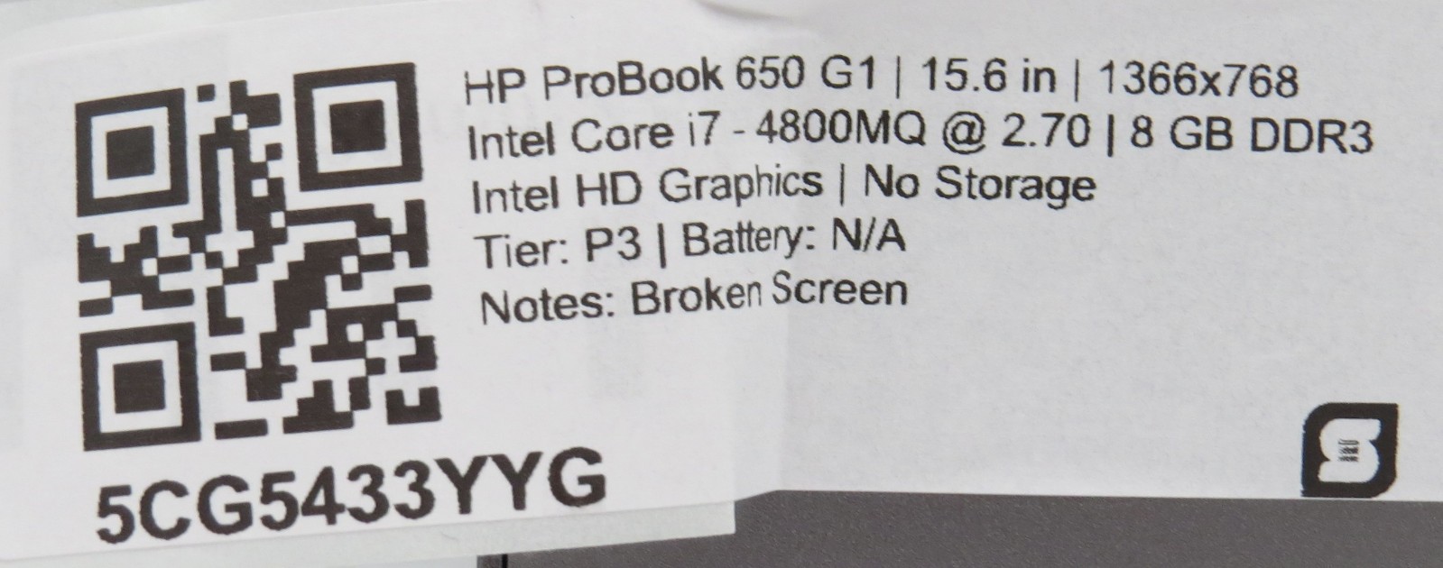 HP ProBook 650 G1 i7-4800MQ @ 2.7GHz 8GB DDR3 15.6″ display No HDD/OS/AC