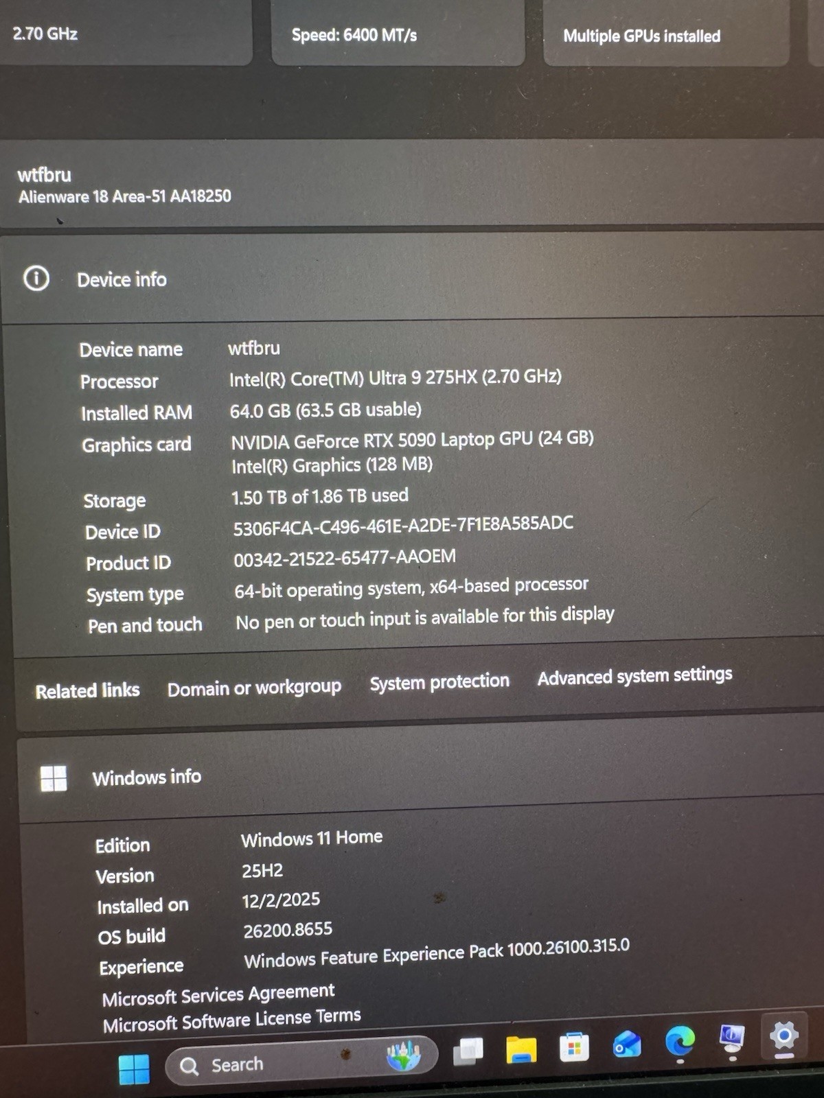 Alienware Area-51 18 18in QHD+ Core Ultra 9 275HX 64GB 2TB RTX 5090 USED GOOD