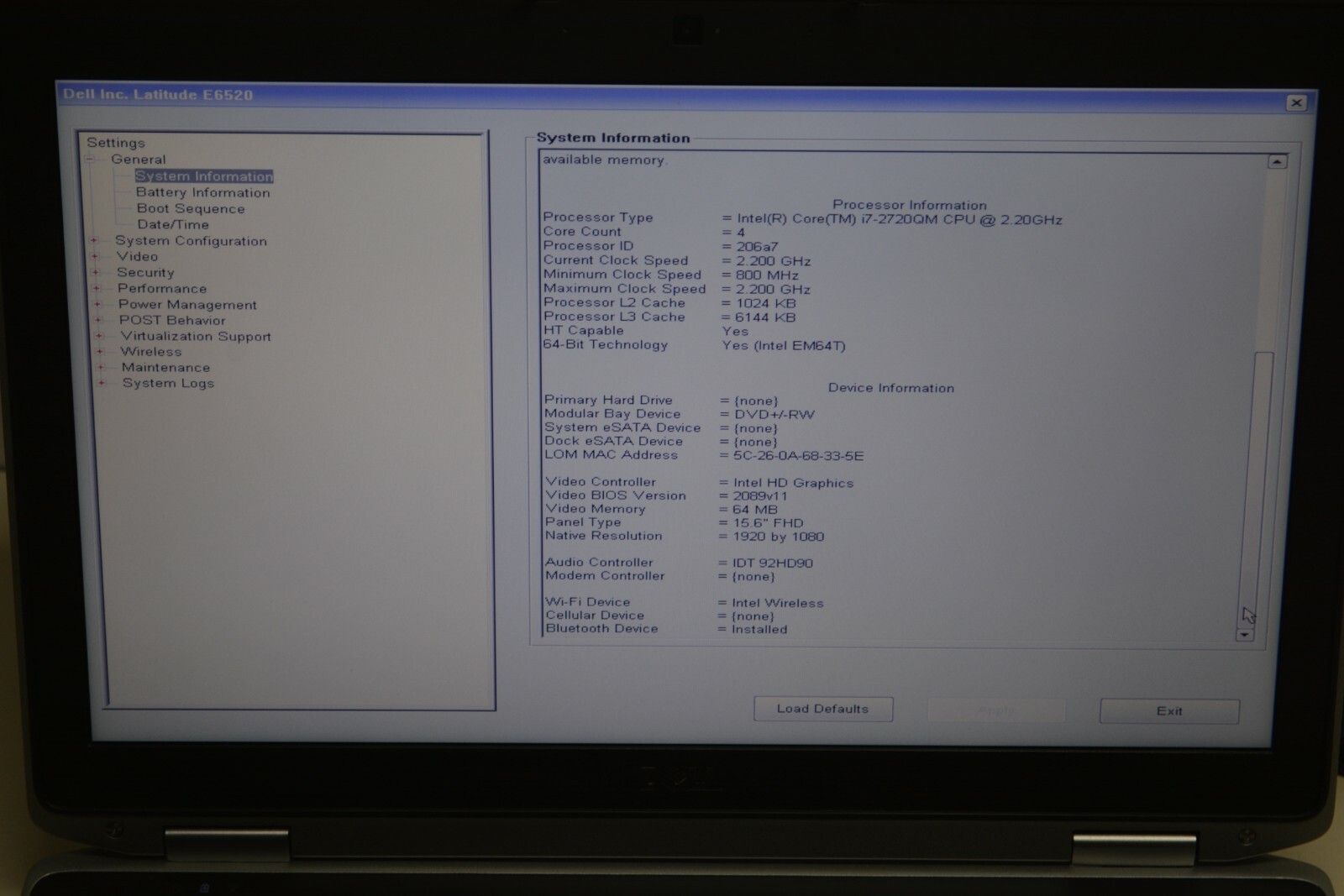 Dell Latitude E6520 Intel Core i7-2720QM @ 2.20GHZ 8GB Ram No HD #W105