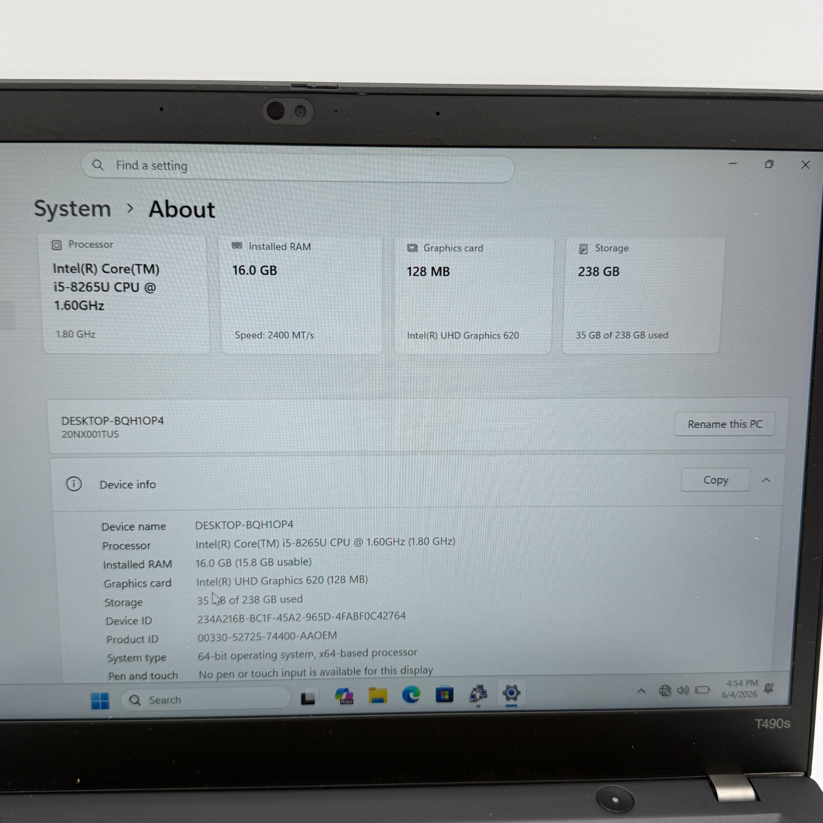 Lenovo ThinkPad T490s i5-8265U 16GB 256GB SSD Win11 Pro LTE Laptop Fingepr READ