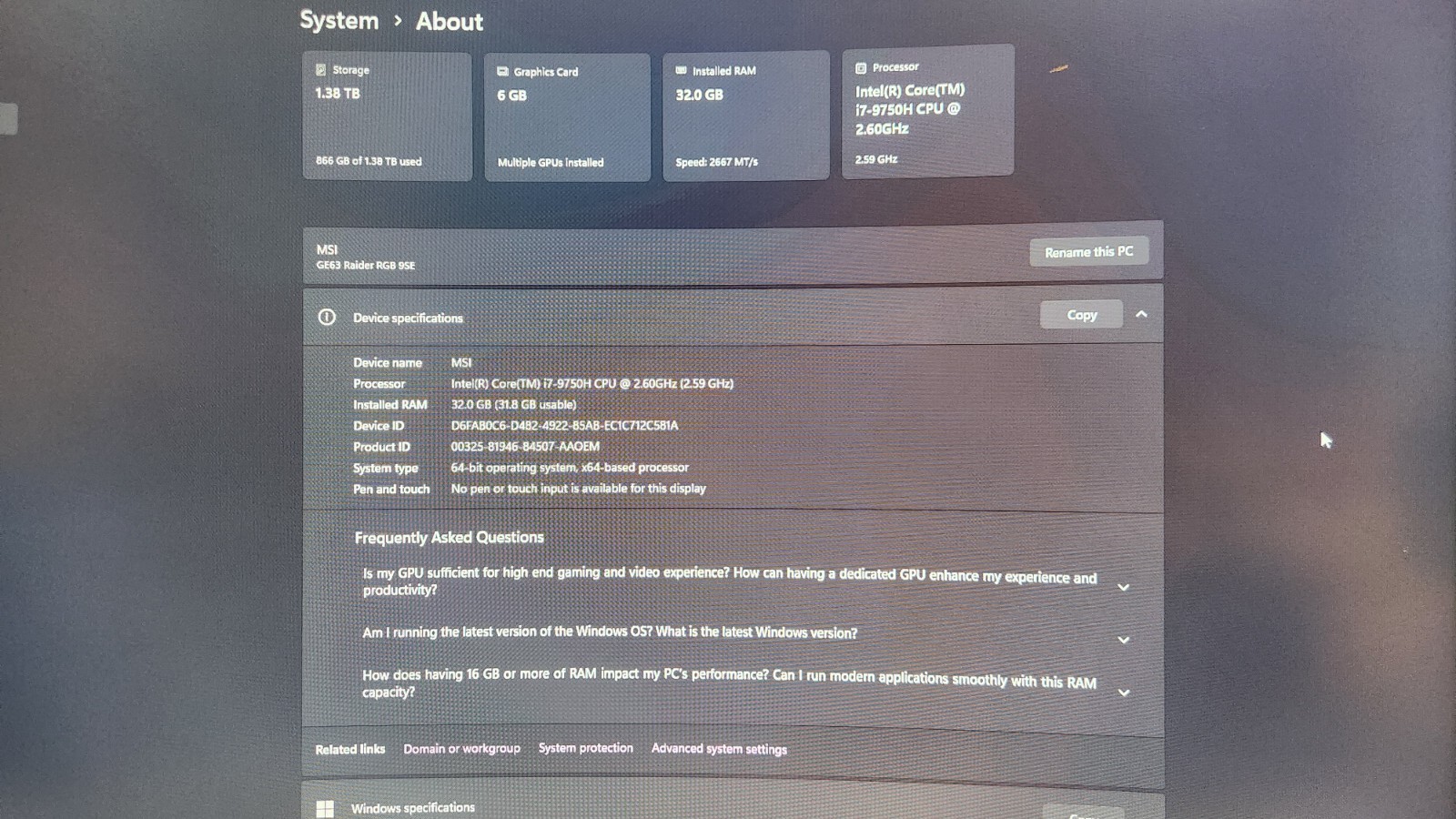 Slightly used MSI GE63 Raider RGB 9SE 32Gb ram Intel i7 9th Gen processor 15.6″