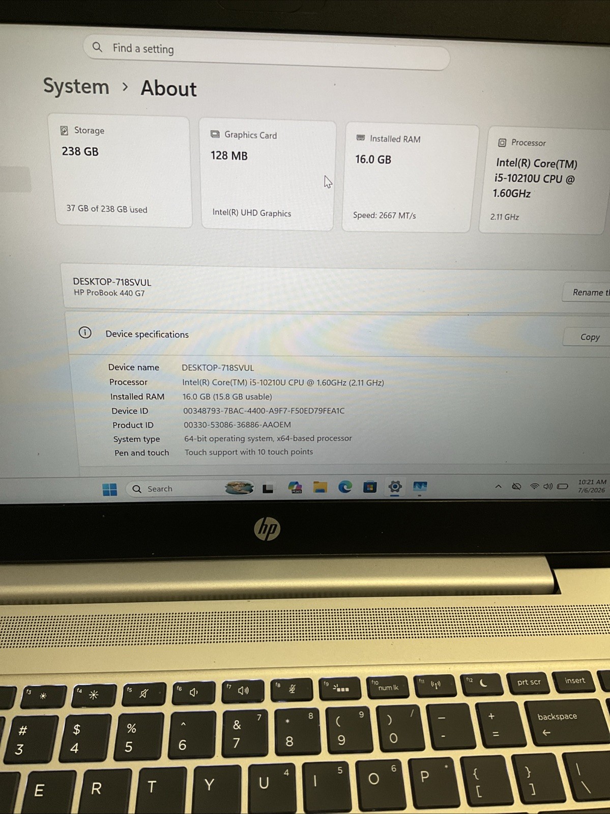 HP Probook 440 G7 I5-10210U 256GB NvME SSD 16GB DDR4