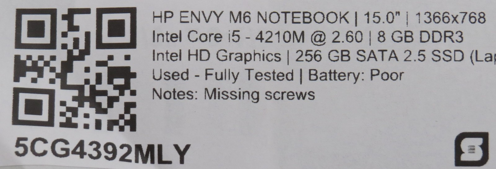 HP Envy M6 i5-4210m @ 2.6 8GB DDR3 256GB SATA SSD 15″ touch No OS