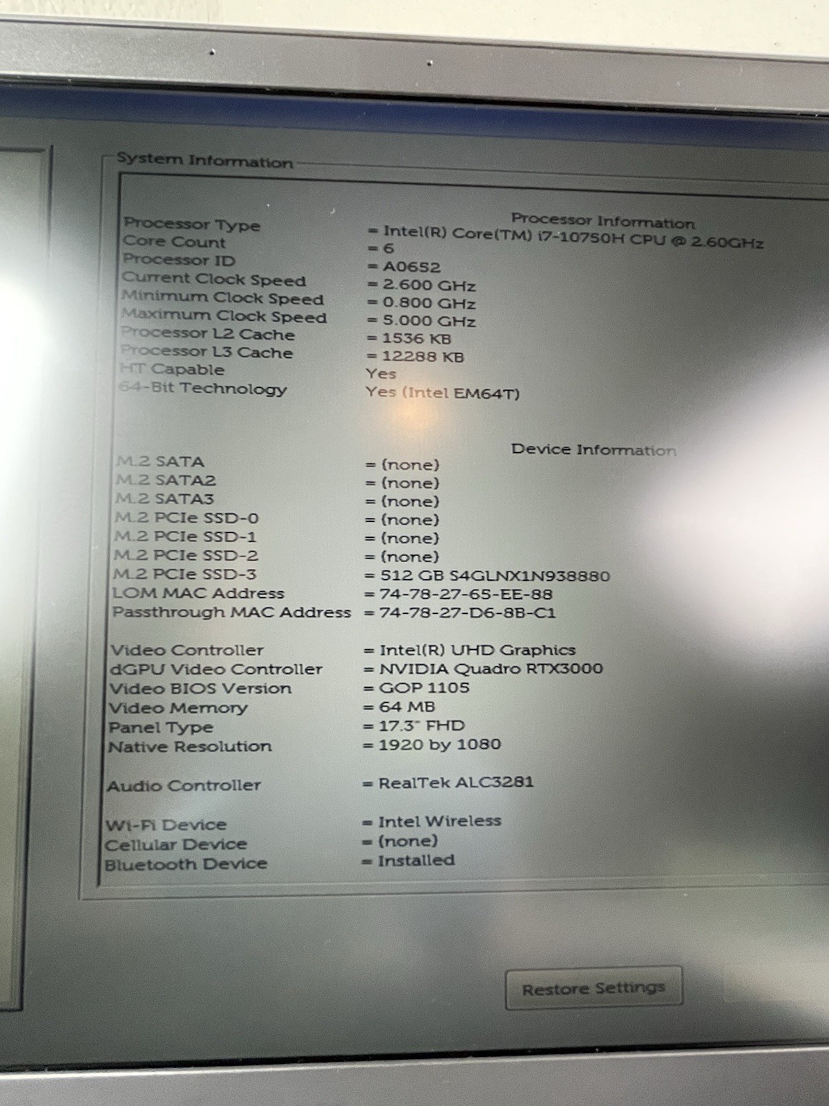 NoCamera Config DELL Precision 7750 i7-10750H 32GB RAM 512GB SSD Quadro RTX 3000