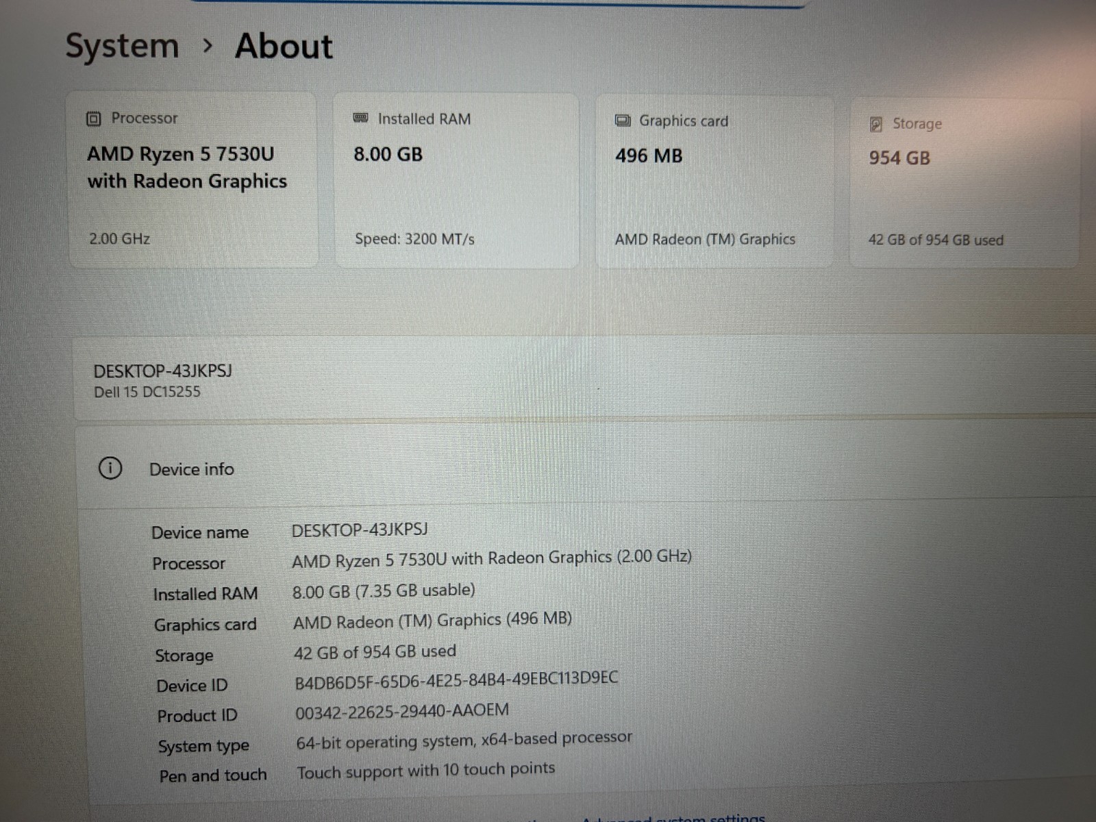 DELL 15 DC15255 G8MK9, AMD Ryzen 7 7730U, 2.00 GHz, 16 GB RAM 512 GB NVMe