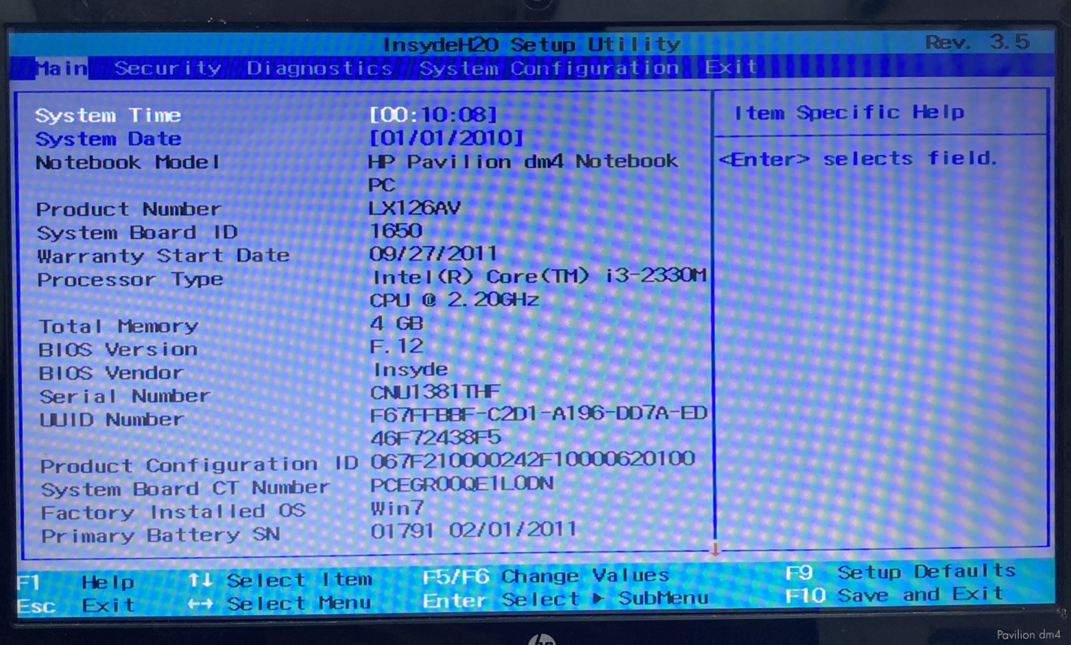 HP Pavilion Dm4 Intel Core i3-2330M 2.20GHz 4GB Boot to BIOS
