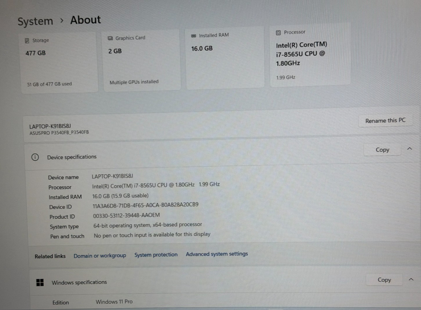 ASUSPRO P3540F 15.6″ FHD Intel 8th Gen 12/16GB 512GB SSD Windows 11 Pro EN-FR KB