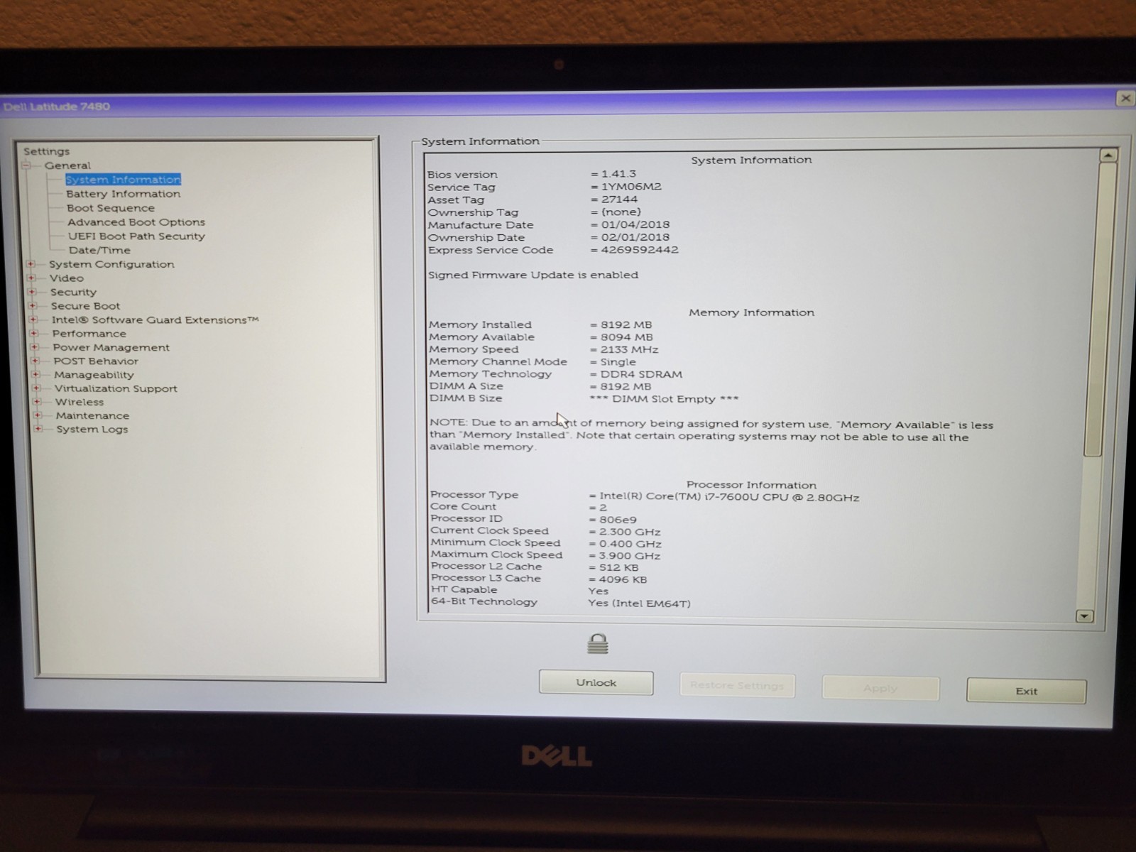 Dell Latitude 7480 Core i7-7600U @2.8Ghz, 8GB RAM, NO SSD/OS/BATTERY BIOS LOCKED
