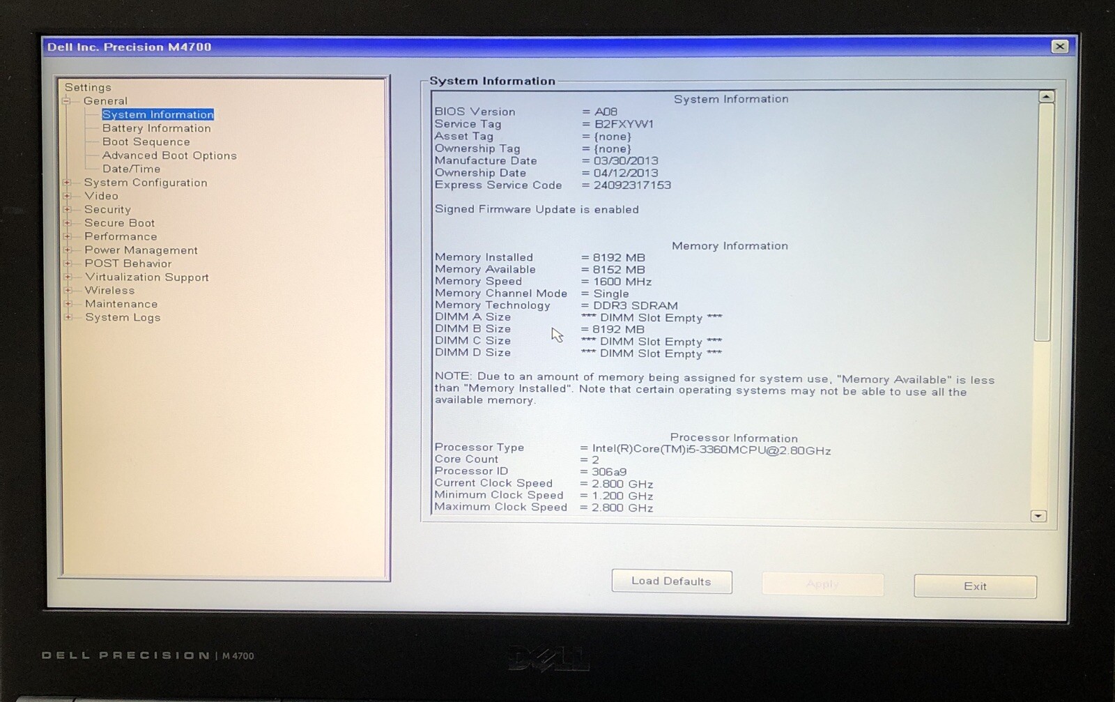Dell Precision M4700 i5-3360M 2.80GHz CPU 8GB RAM No HDD boot to bios