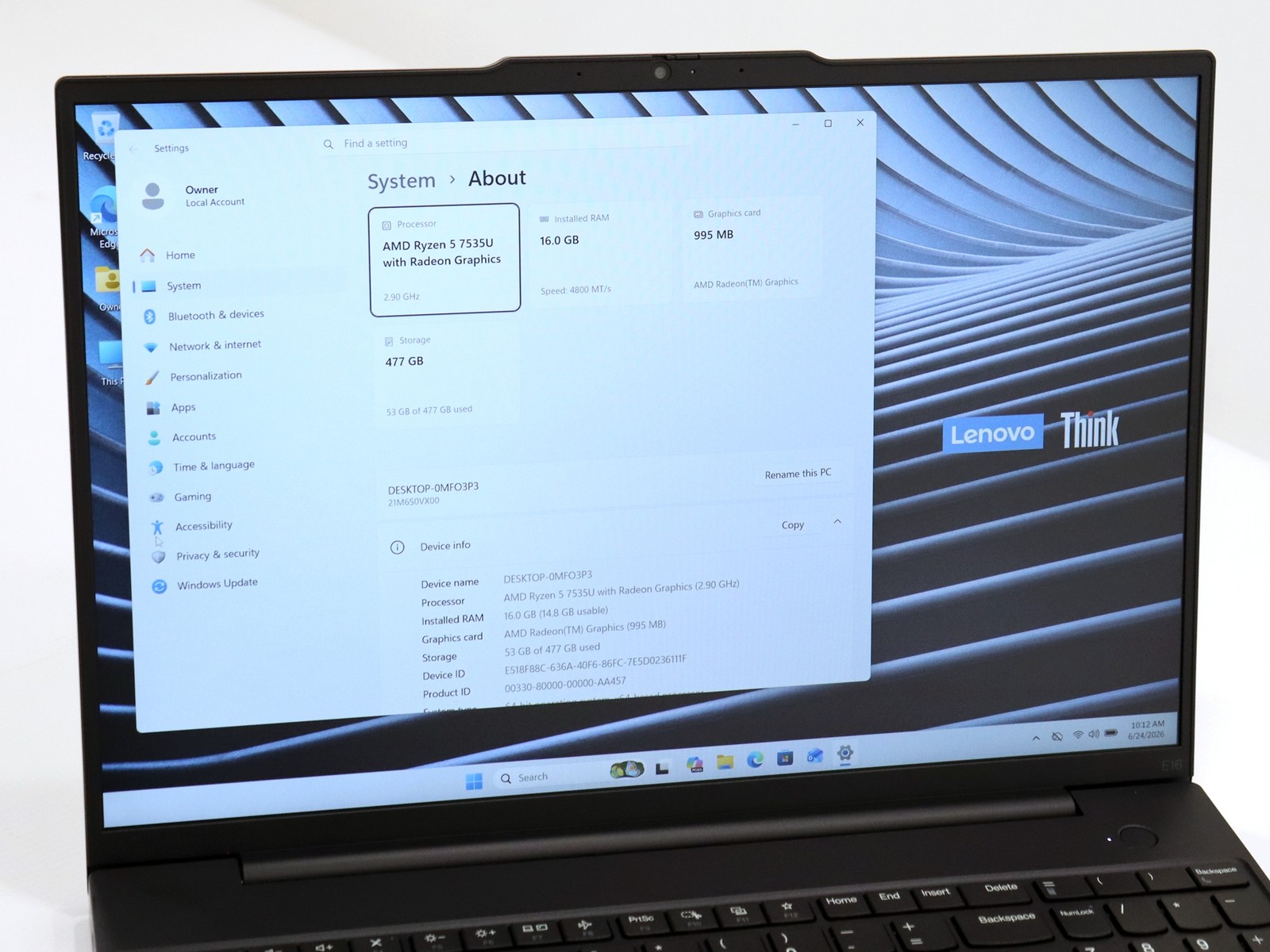 Lenovo ThinkPad E16 Gen 2 16.0″ AMD Ryzen 5 7537U 16GB RAM 512GB NVMe W11P