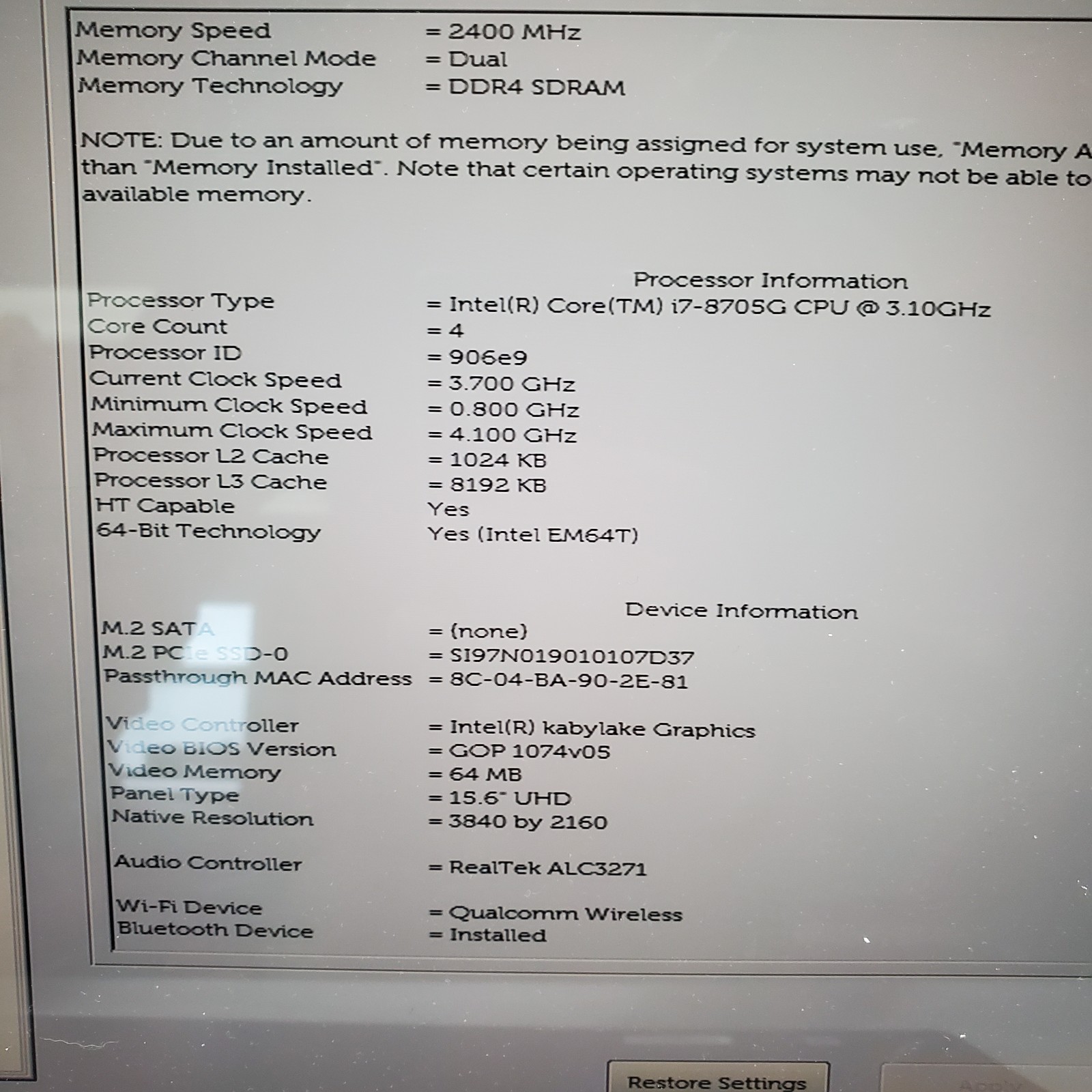 Dell XPS 15 9575 UHD 2 in 1 laptop Intel Core i7-8705G 3.1GHz 16GB RAM NO SSD