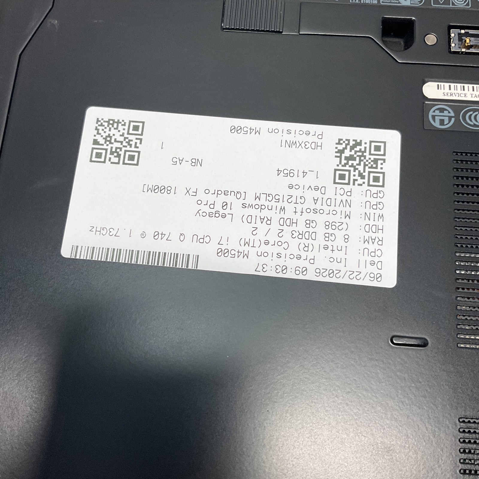 Dell Precision M4500 Laptop Intel Core i7-Q740 @ 1.73 GHz 8GB 320GB HDD NO BATT