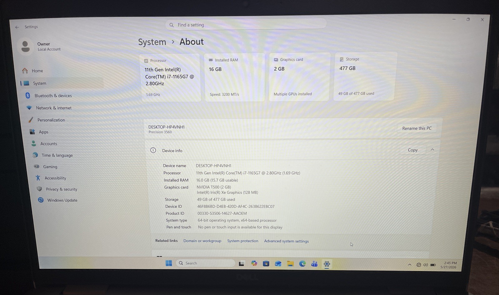 Dell Precision 3560 15.6″ i7-1165G7@2.8GHz, 16GB RAM, 512GB M2, W11P *READ