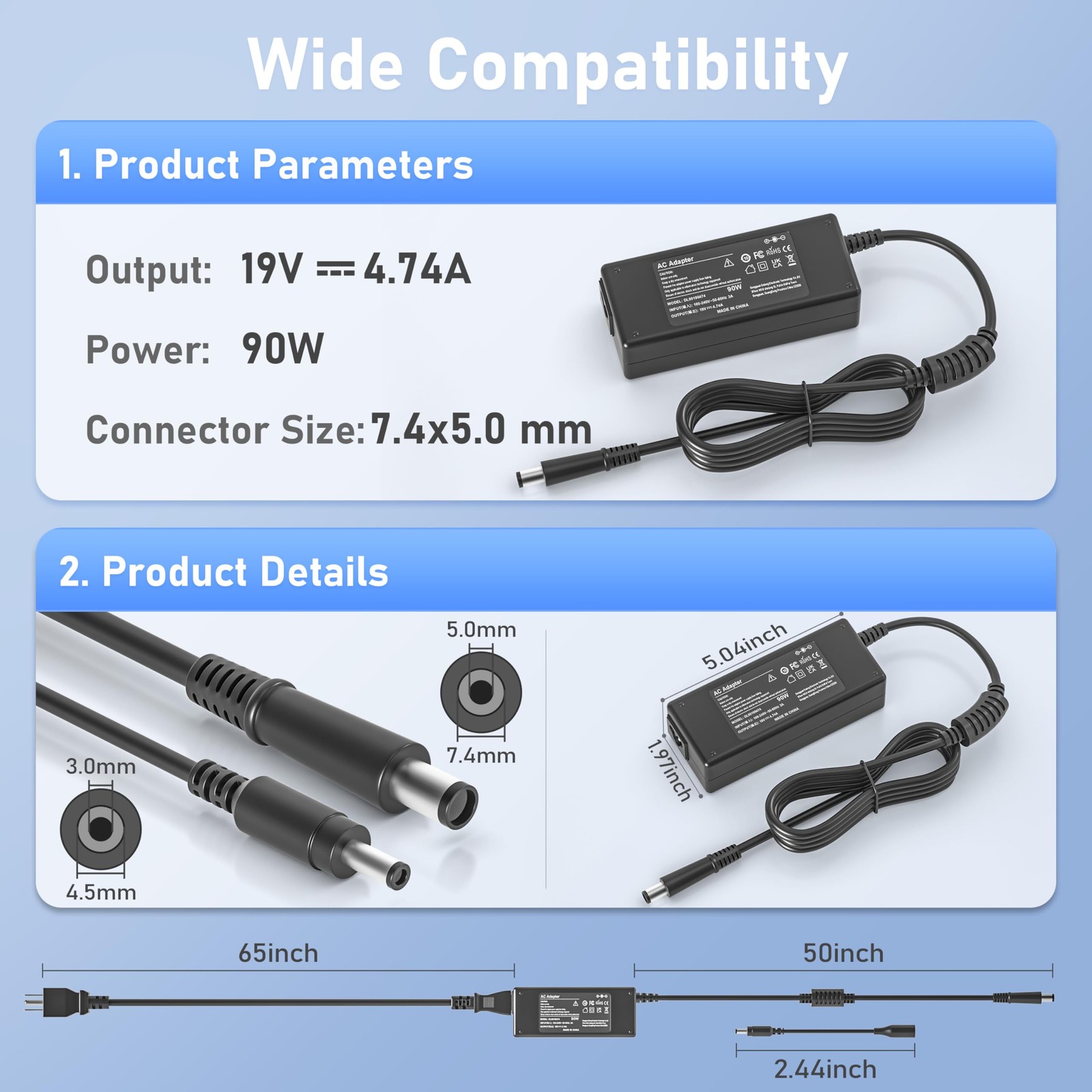 90W 65W AC Adapter Power Cord for HP All-in-One Desktop 22″ 24″ 24-DD 24-DF