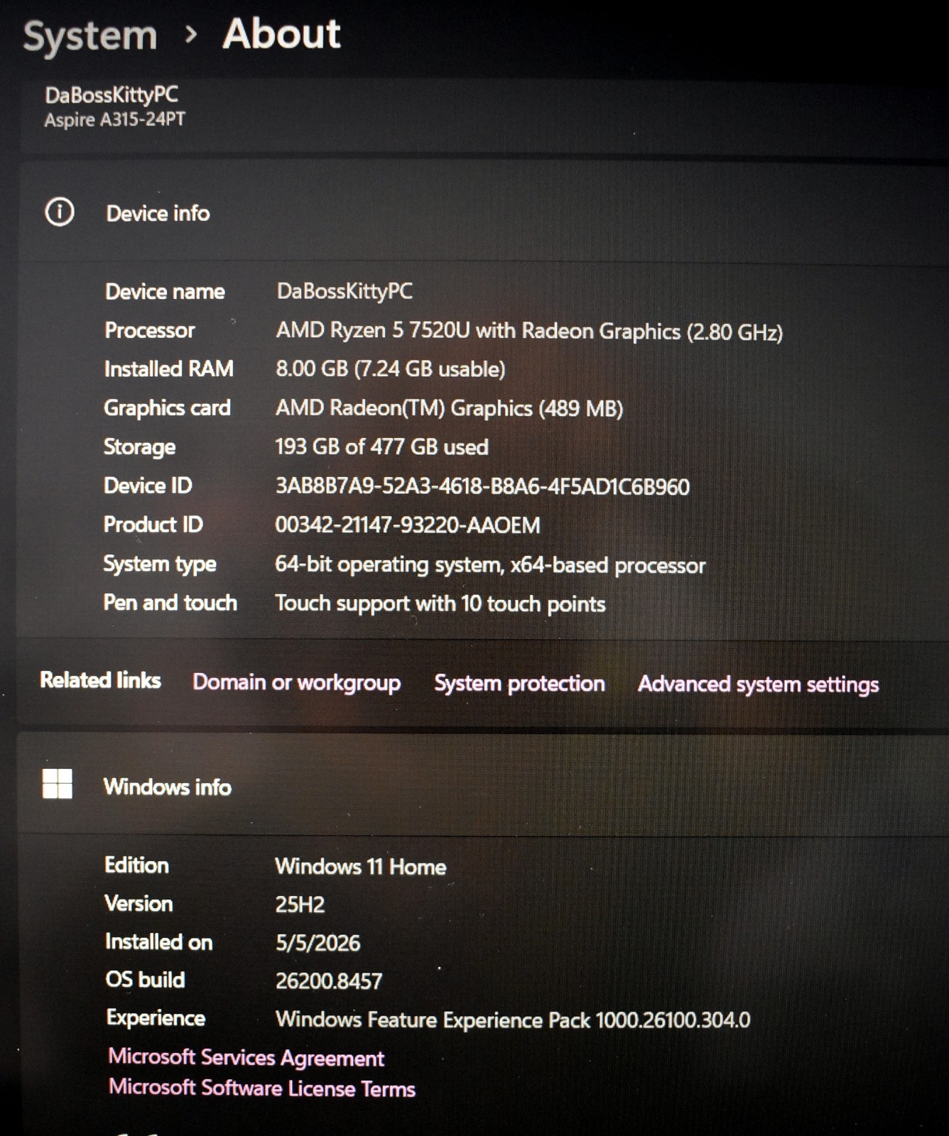 Acer Aspire 3 A315-24PT 15.6″ AMD Ryzen 5 7520U 2.8GHz 8GB Ram 512GB SSD Win11H