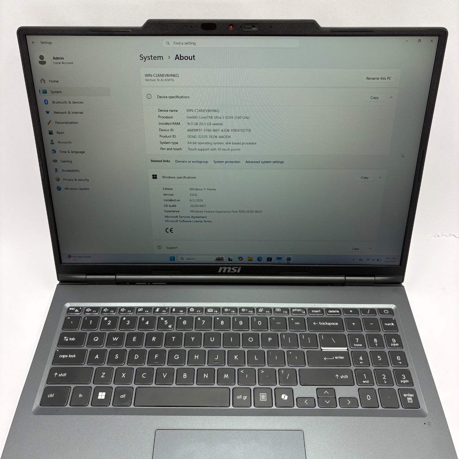 MSI Venture 16 AI A1MTG 16″ Core Ultra 5 125H 3.6GHz 16GB RAM 512GB SSD