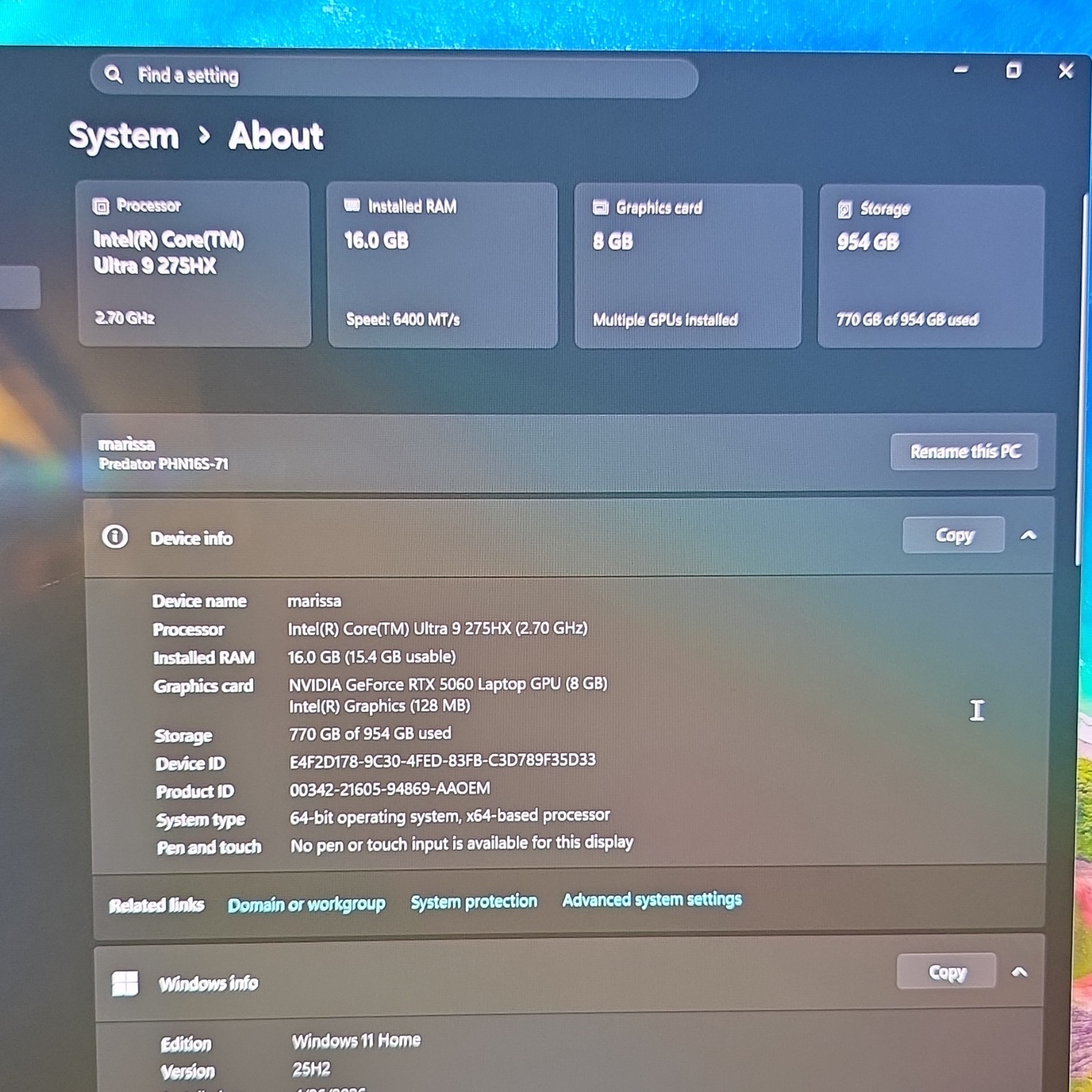 Acer Predator Helios Neo 16s 16″ OLED QHD Core Ultra 9 275HX 16GB 1TB RTX 5060