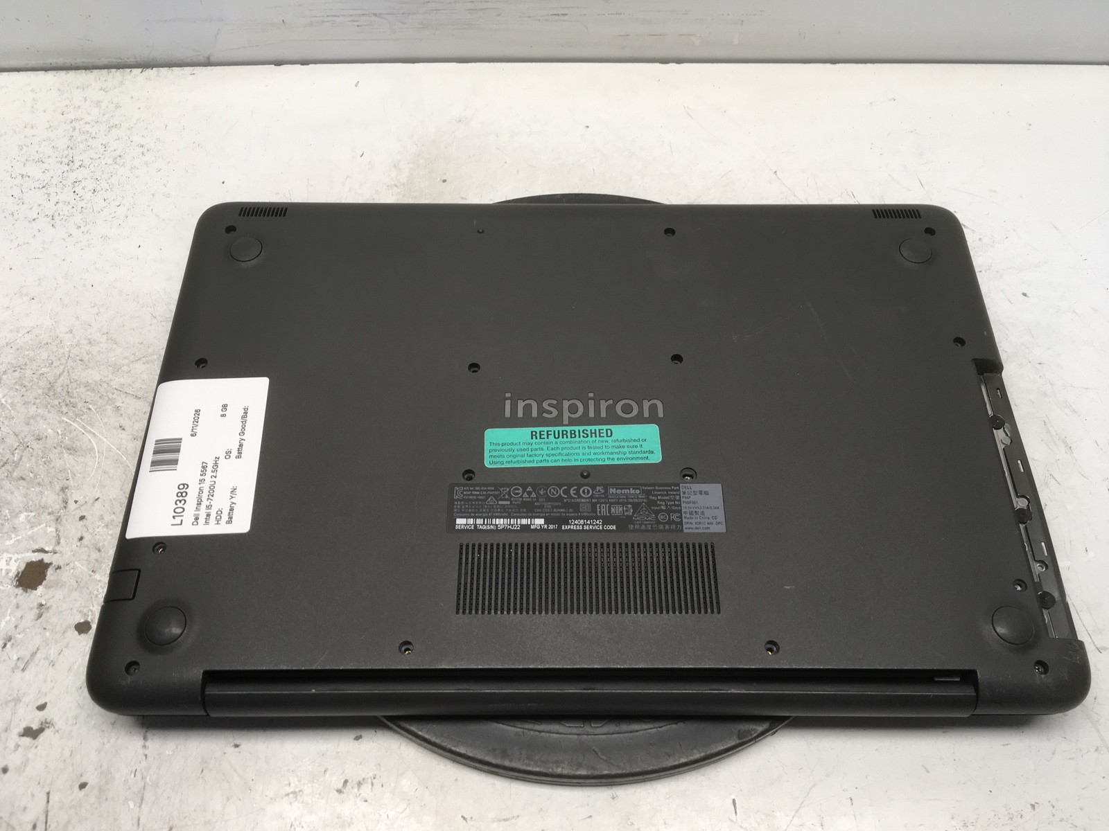 Dell Inspiron 15 5567 Intel i5-7200U 2.5GHz 8 GB NO HDD No Batt