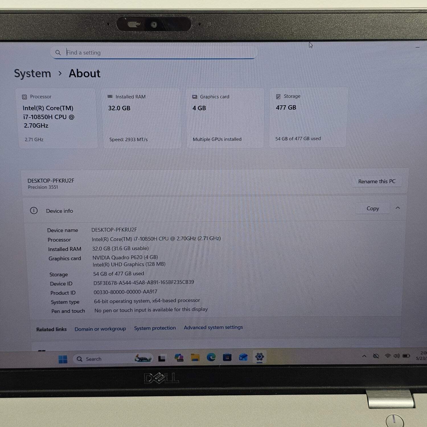 Dell Latitude 3551 15.6″ i7-10850H 2.7GHz 32GB RAM 512GB SSD Quadro P620