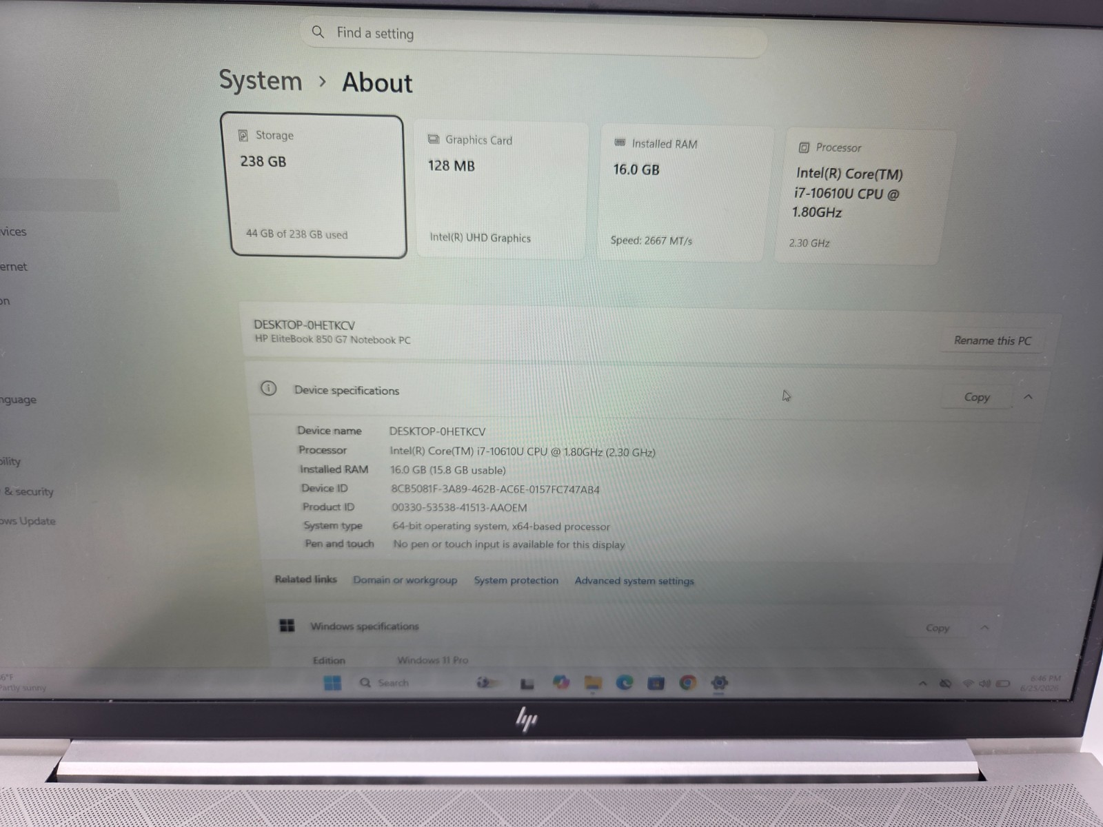 LOT OF 5 HP ELITEBOOK 850 G7 i7-10610U 1.80GHZ 16GB–256GB SSD WIN 11 PRO
