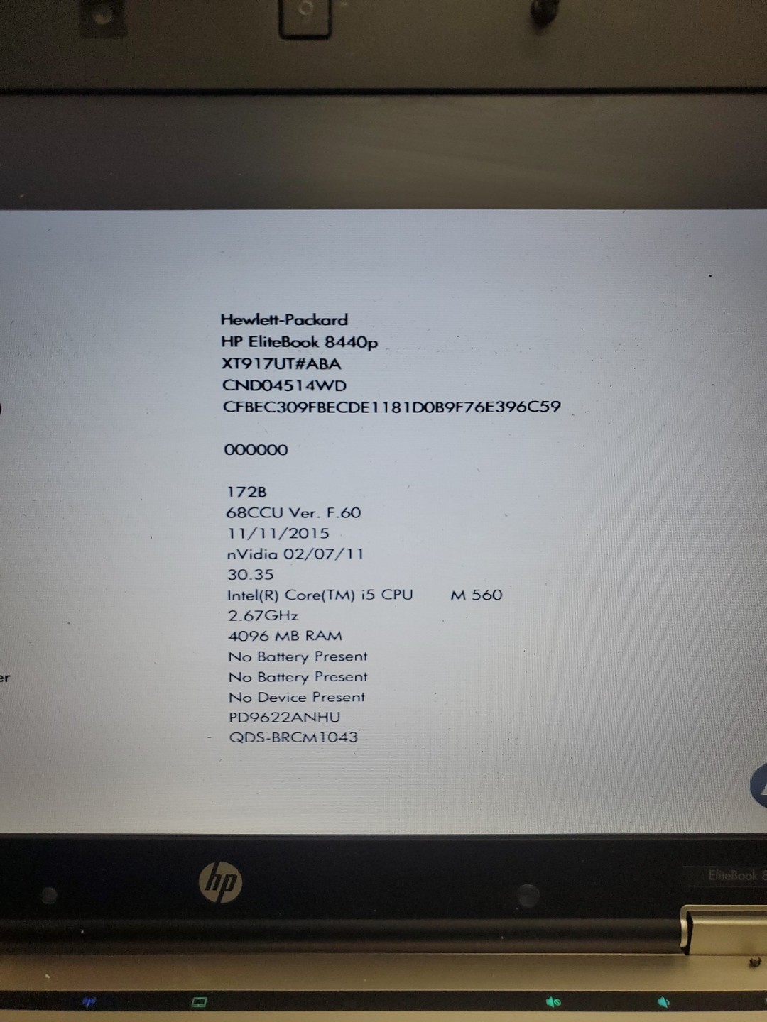 HP ELITEBOOK 8440P Laptop w/ INTEL CORE i5 M560 4gb RAM/No HDD 012626-16 No BATT