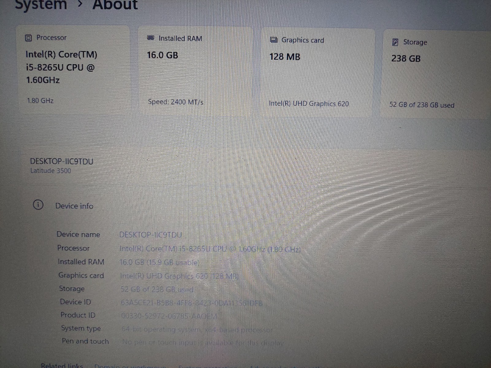 Dell Latitude 3500 i5-8265U 256GB SSD 16GB DDR4 Win 11Pro