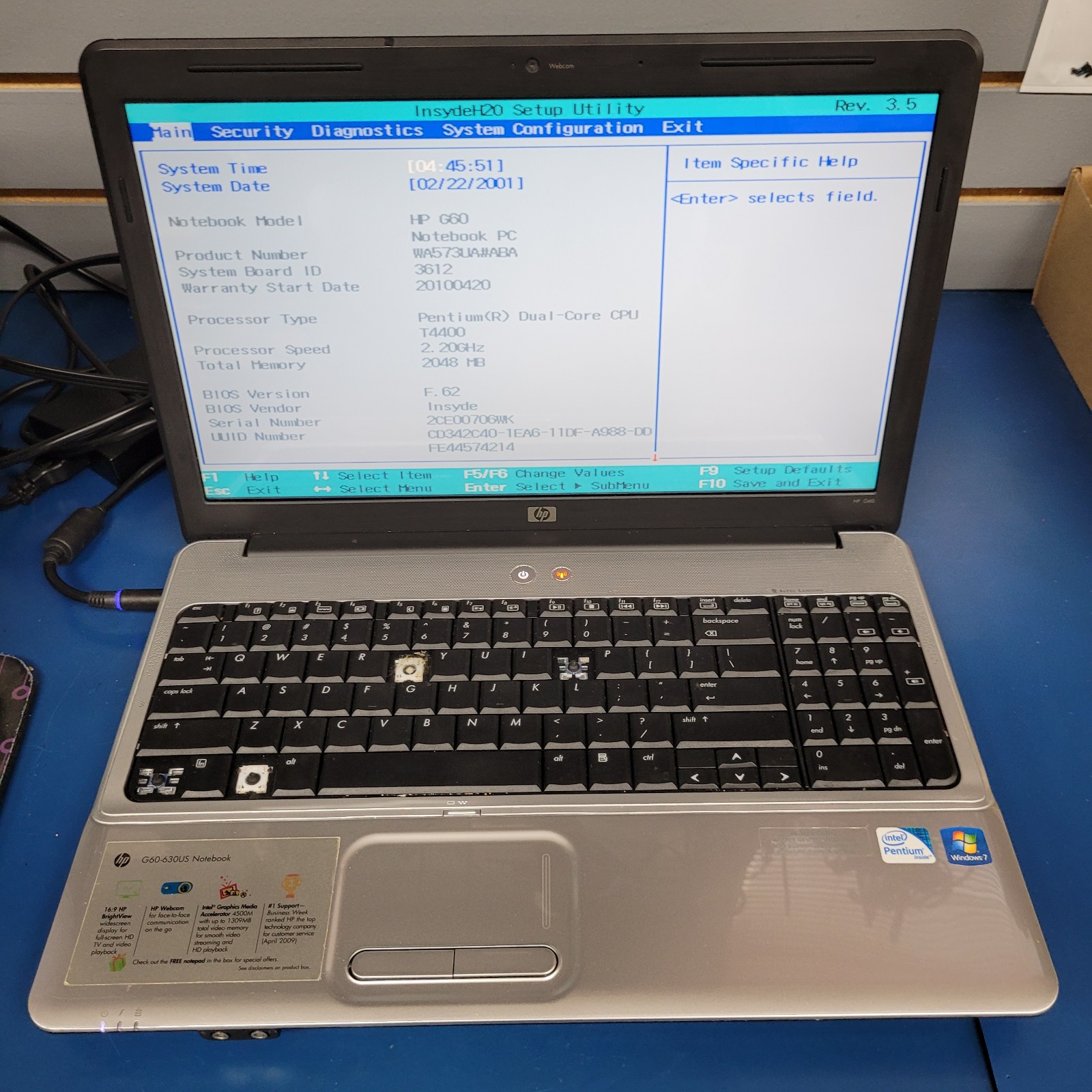 HP Pavilion G60-630GS /Pentium T4400 / 2 GB RAM / NO HDD