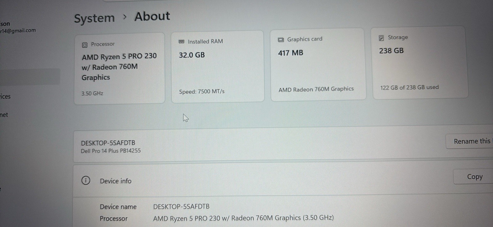 Dell Pro 14 Plus PB14255 14″ Ryzen 5 PRO 32GB 238GB SSD Win11 Radeon 760M