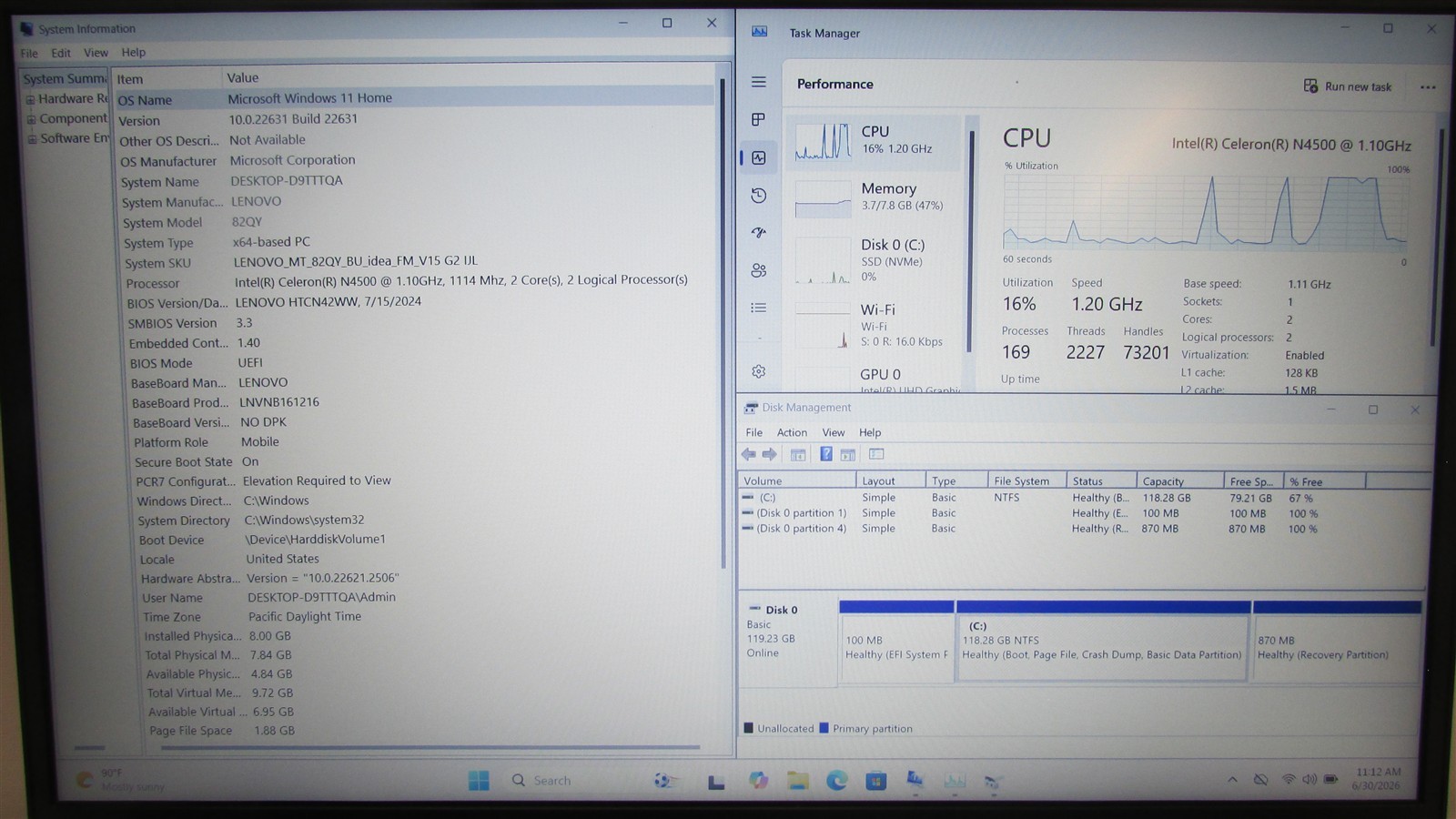 Lenovo V15 G2 IJL Celeron N4500 1.1GHz 8GB RAM 128GB NVME 15.6″ Win 11 Home DMG
