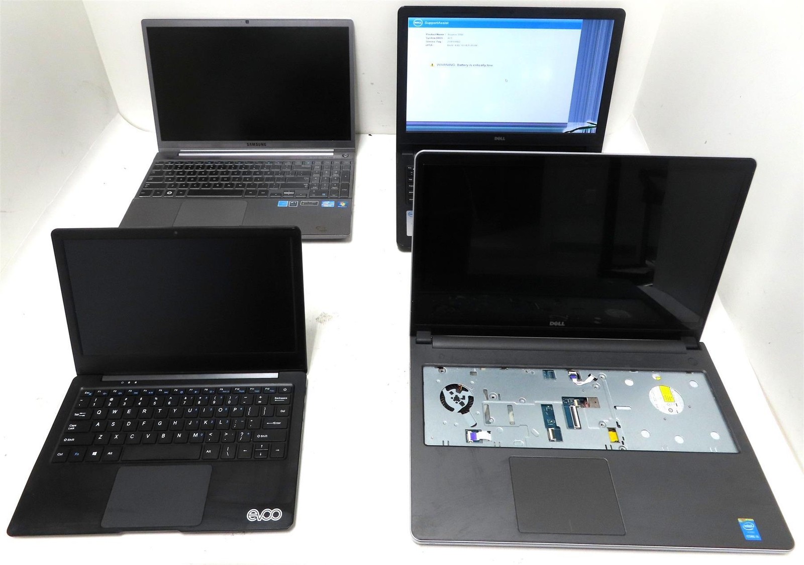 Lot of 4 Mix EVOO, DELL & SAMSUNG No HD & RAM Laptops