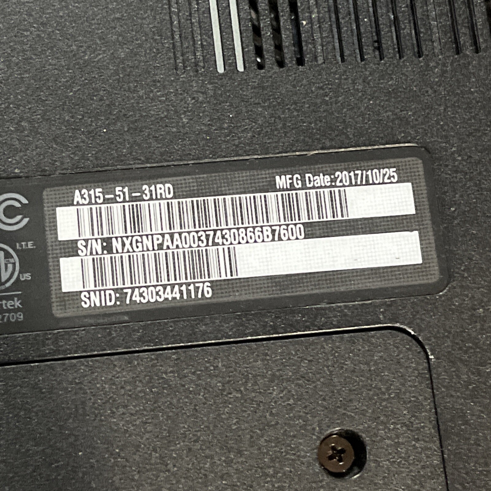 ACER ASPIRE 3 A315-51 I3 7TH GEN 4GB RAM NO HD