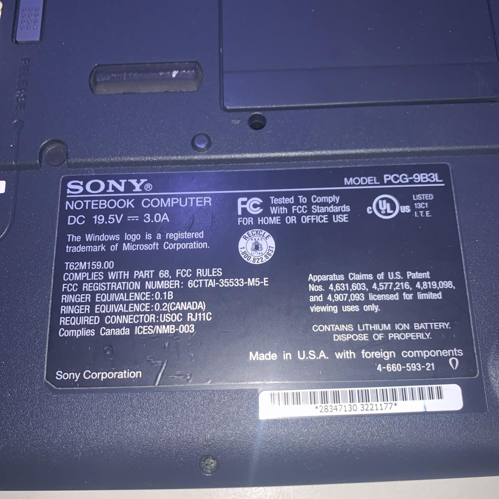 Sony Vaio PCG-9B3L AMD Athlon 4 1000MHz 256MB RAM 20GB HD Windows XP SP3
