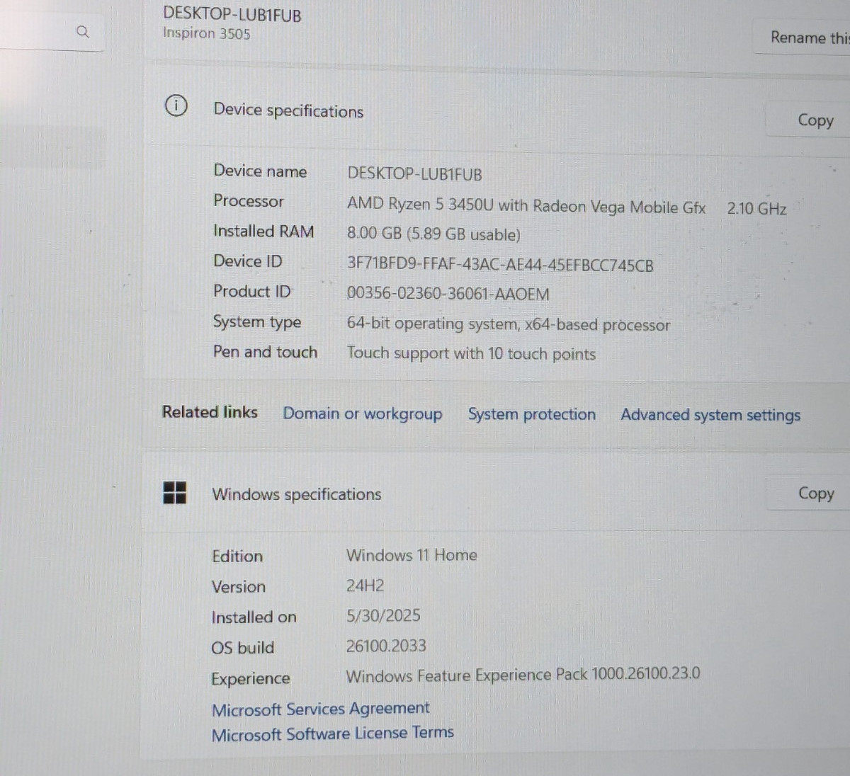 Dell Inspiron 3505 15.6″ AMD Ryzen 3450U 8GB 256GB SSD W11H J0B9SD3 SOLD AS-IS