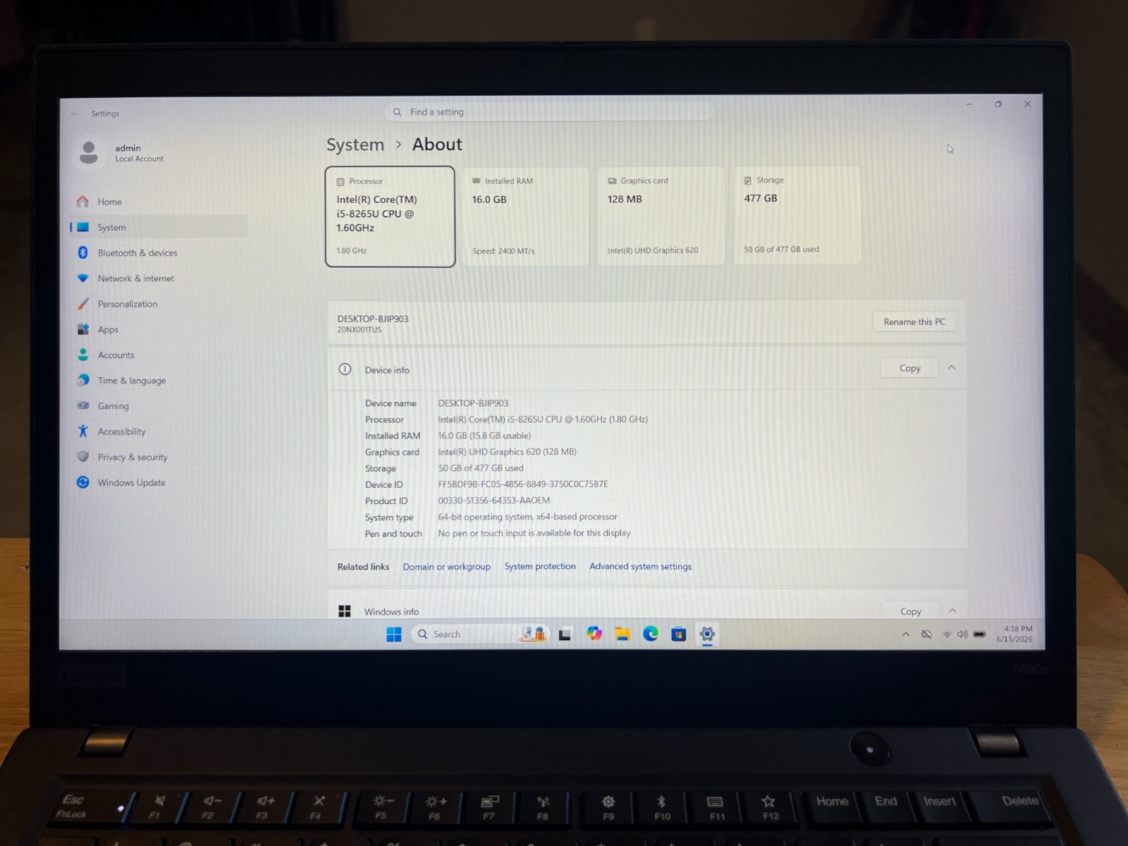 Lenovo ThinkPad T490s | Intel Core i5-8265U | 14″ FHD | Windows 11 | 16GB DDR4
