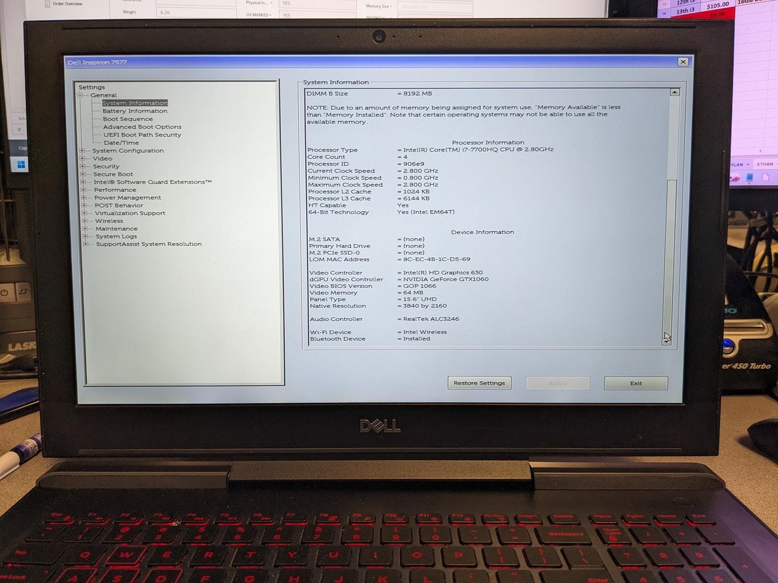 DELL INSPIRON 15 GAMING 7577 i7-7700HQ @ 2.80GHz,24GB RAM, NO HDD/OS