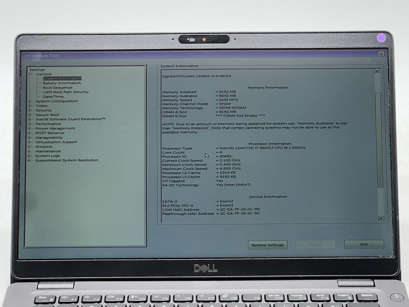 Dell Latitude 5300, i7-8665U CPU, @ 1.90GHz, 8GB RAM-No HDD/OS/Adapter