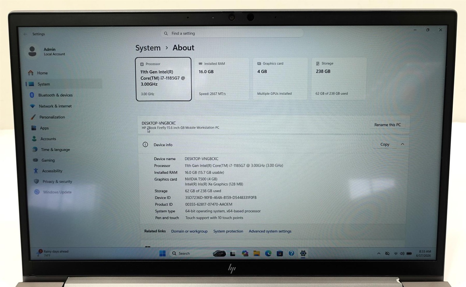 HP ZBOOK Firefly G8 Mobile WS 15.6″ Core i7-1185G7 3.0GHz 16GB 256GB SSD