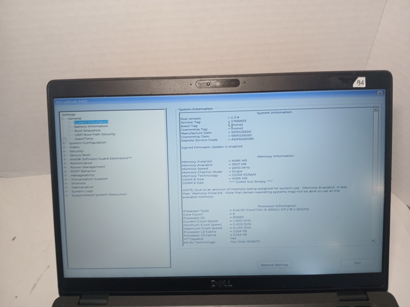 Dell Latitude 5400 i5-8365U 4GB RAM No SSD/HDD/OS! BAD LCD #97
