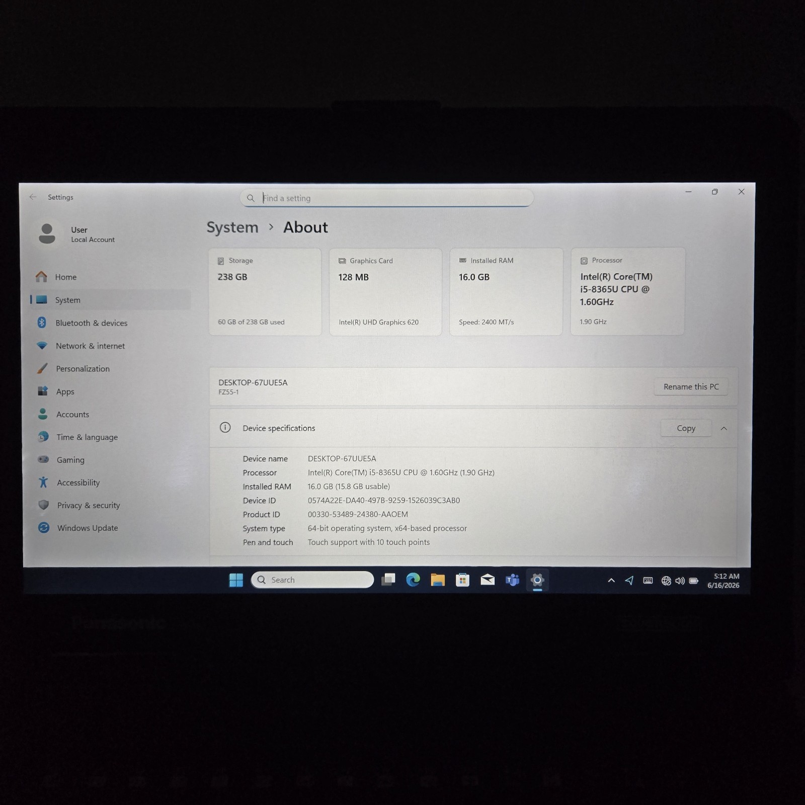 Panasonic Toughbook FZ-55 Touchscreen i5-8365u 256GB SSD 16GB RAM – 4G – GPS W11