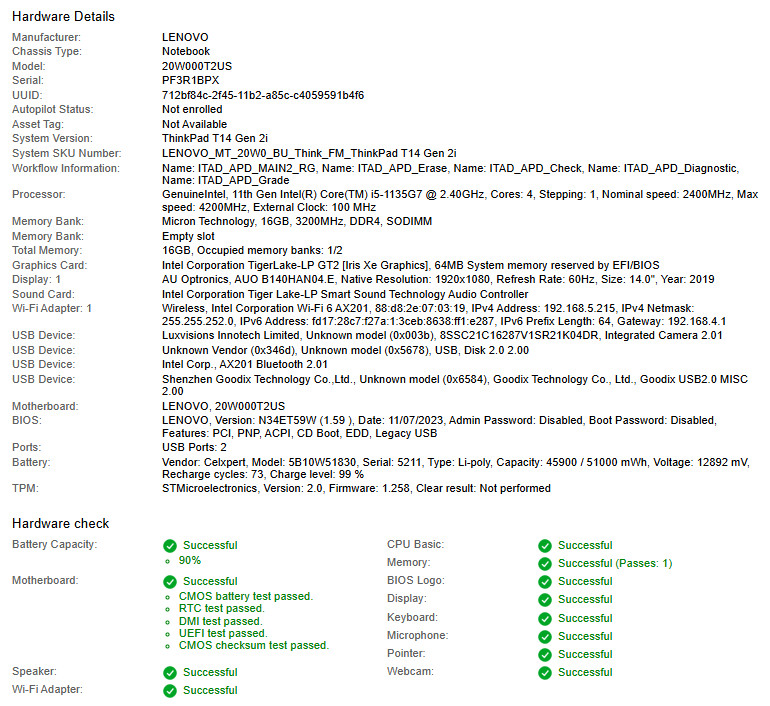 Lenovo ThinkPad T14 Gen 2i, i5-1135G7, @ 2.40GHz, 16GB RAM-No HDD/OS/Charger