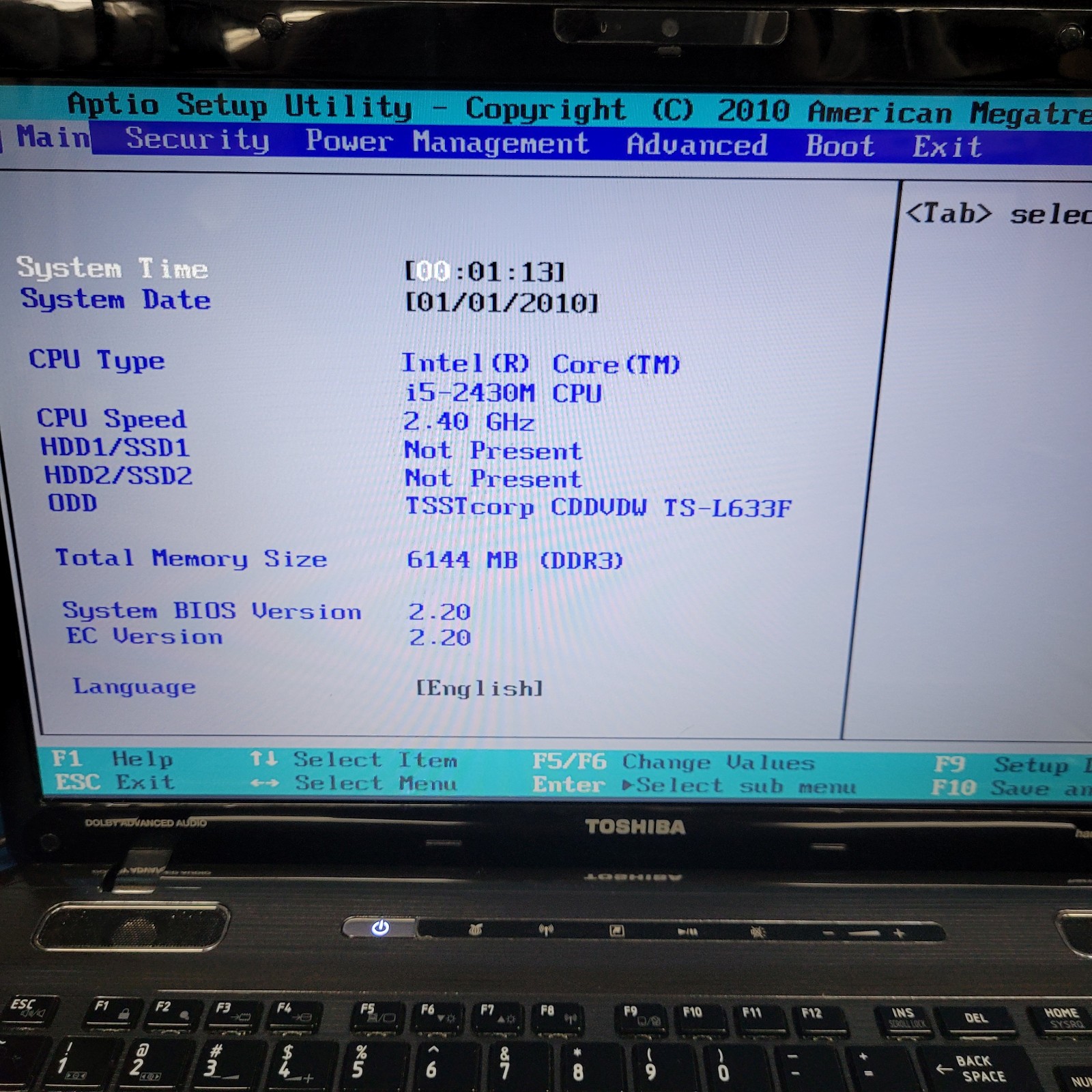 Toshiba Satellite p770-st5n01, Intel i5-2430M @ 2.40GHz, 6 GB NO HDD/ OS
