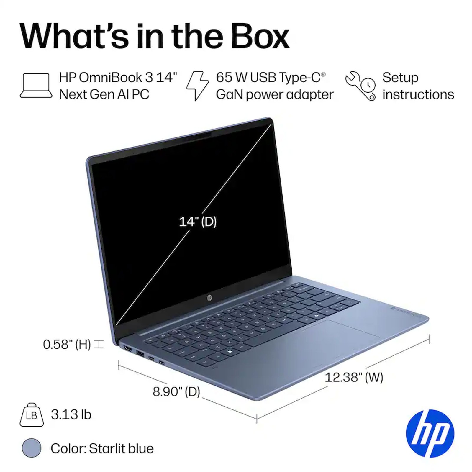 HP OmniBook 3 14″ Touchscreen Laptop 16GB, 512GB SSD Starlit Blue Accessory Kit
